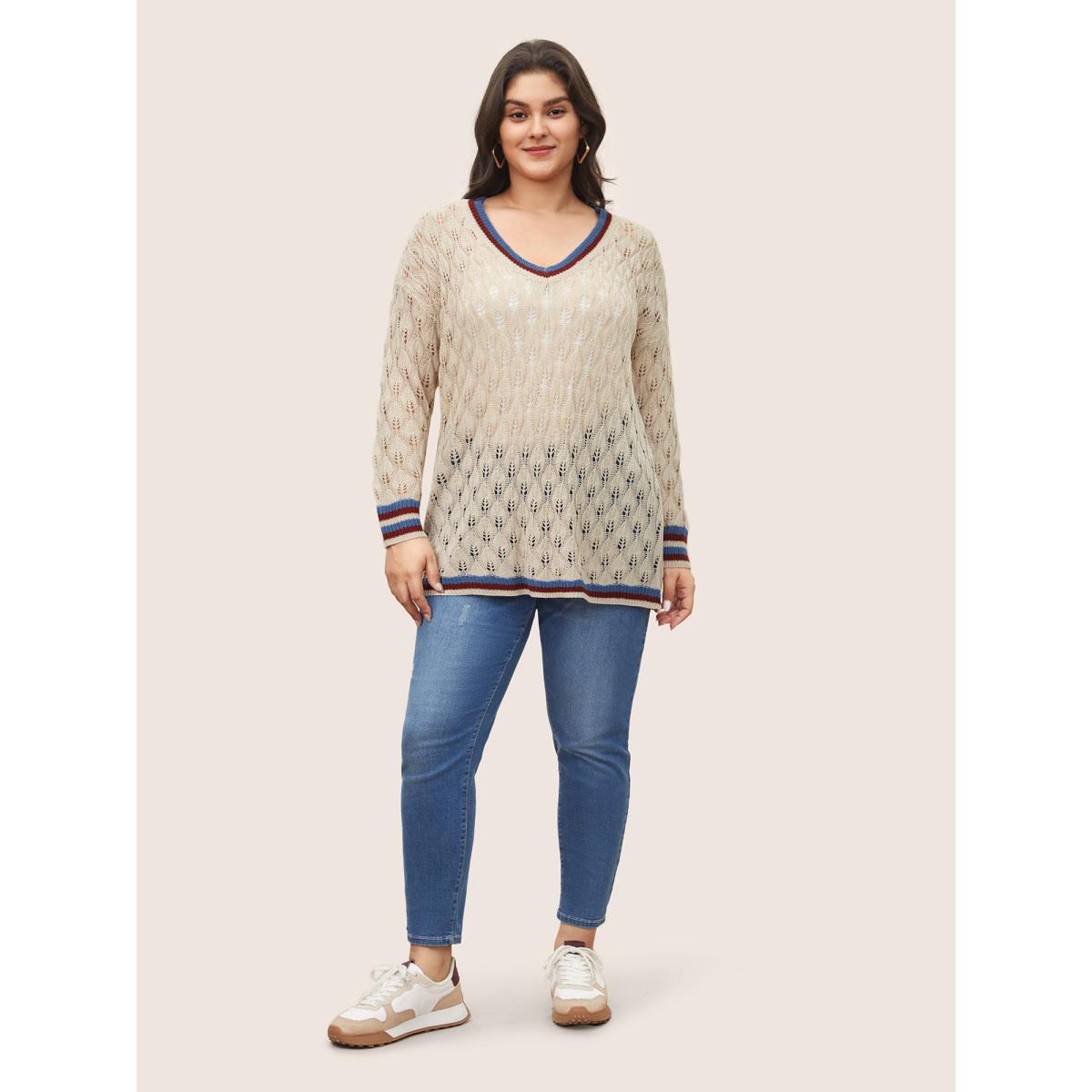 Plus Size Contrast Striped Texture Hollow Out Pullover Apricot Women Casual Long Sleeve V-neck Everyday Pullovers BloomChic 22-24/3X Product Image