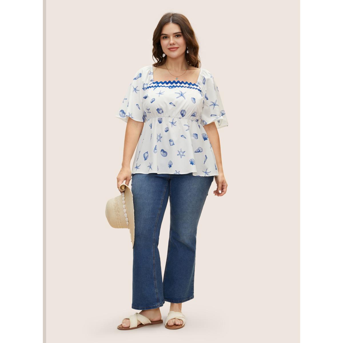 Plus Size Skyblue Square Neck Marine Elements Contrast Webbing Blouse Women Resort Half Sleeve Square Neck Vacation Blouses BloomChic 10/M Product Image