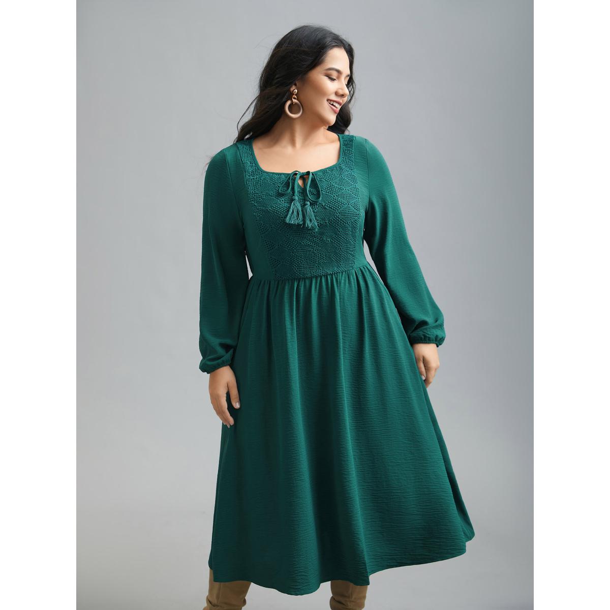 Plus Size Lace Neck Detail Tassels Midi Dress DarkGreen Women Resort Tie knot Square Neck Long Sleeve Curvy BloomChic 14-16/1X Product Image