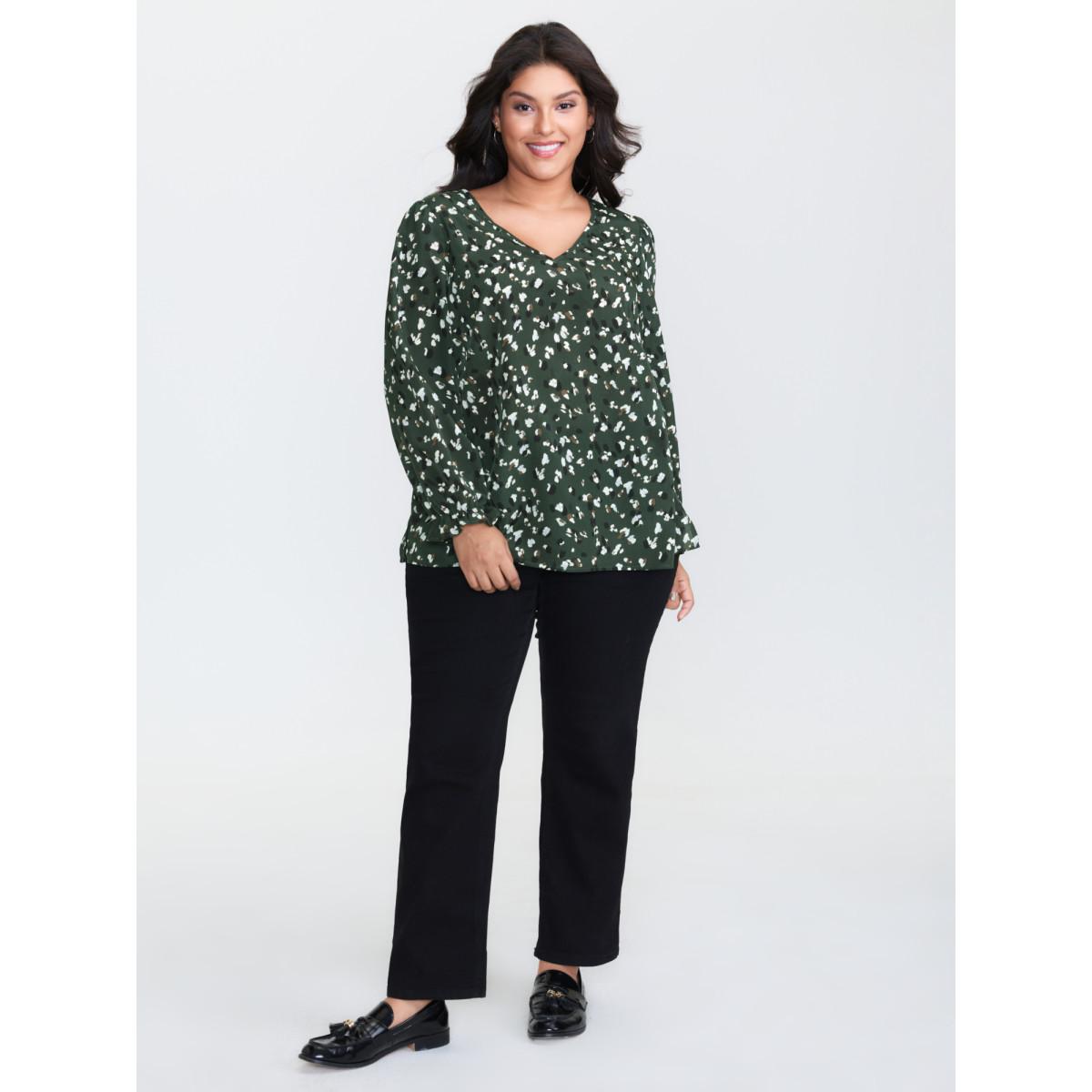 Plus Size DarkGreen Leopard Print Stretchy Cuff Sleeve Blouse Women Office Long Sleeve V-neck Office Blouses BloomChic 26/4X Product Image