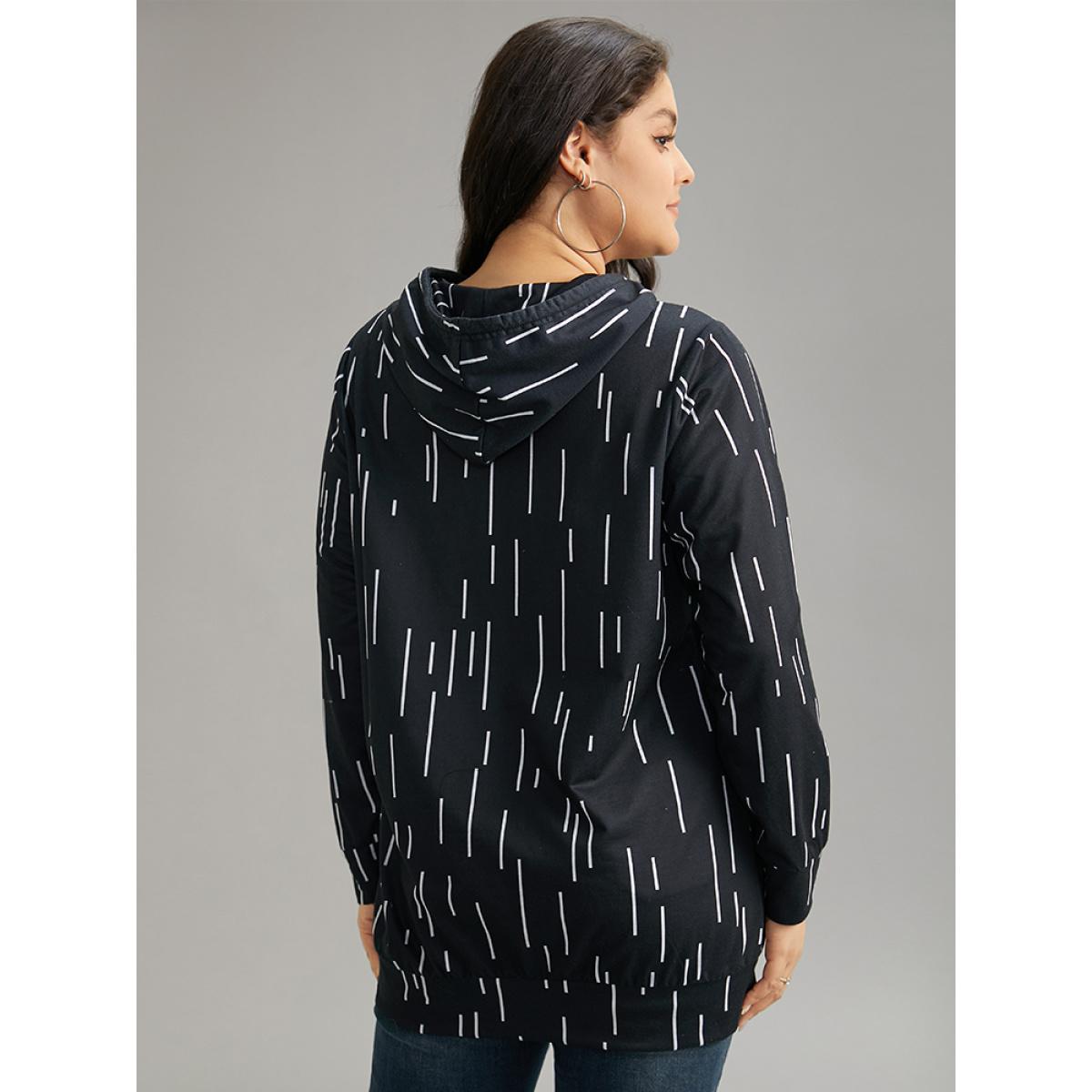 Plus Size Striped Asymmetrical kangaroo pocket Hooded Sweatshirt Women Black Casual Printed Hooded Dailywear Sweatshirts BloomChic 30/6X Product Image