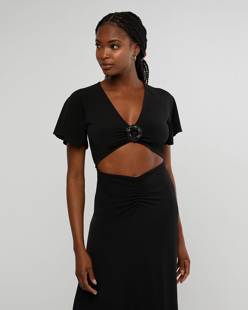 WeWoreWhat | Cut Out Rosette Asymmetrical Dress | Black FINAL SALE Product Image