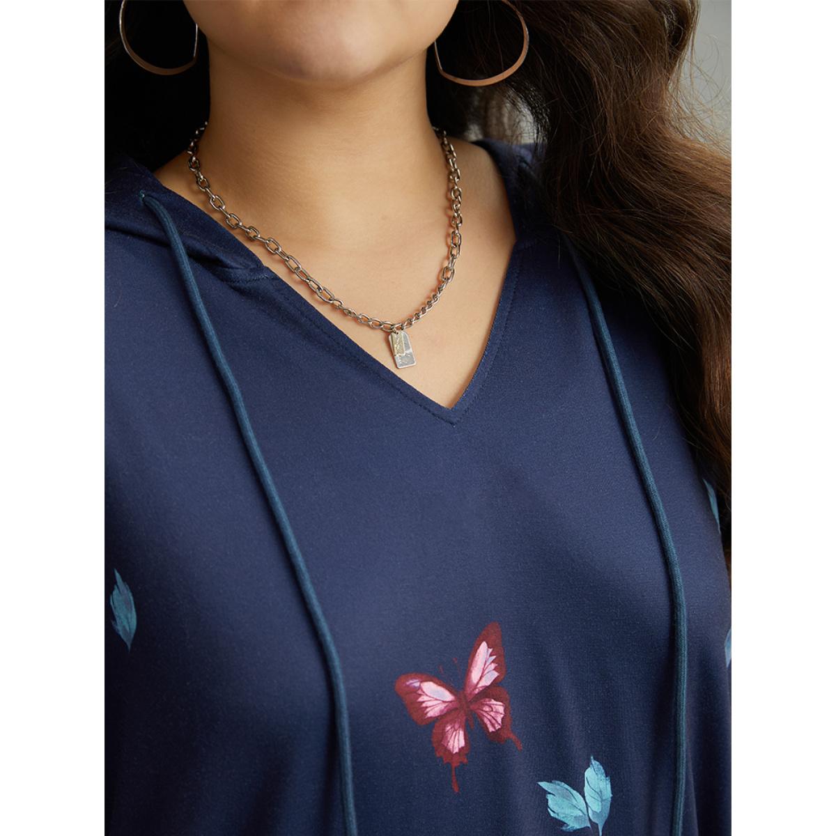 Plus Size Floral & Butterfly Print Hooded Drawstring Sweatshirt Women Multicolor Casual Printed Hooded Dailywear Sweatshirts BloomChic 12/L Product Image