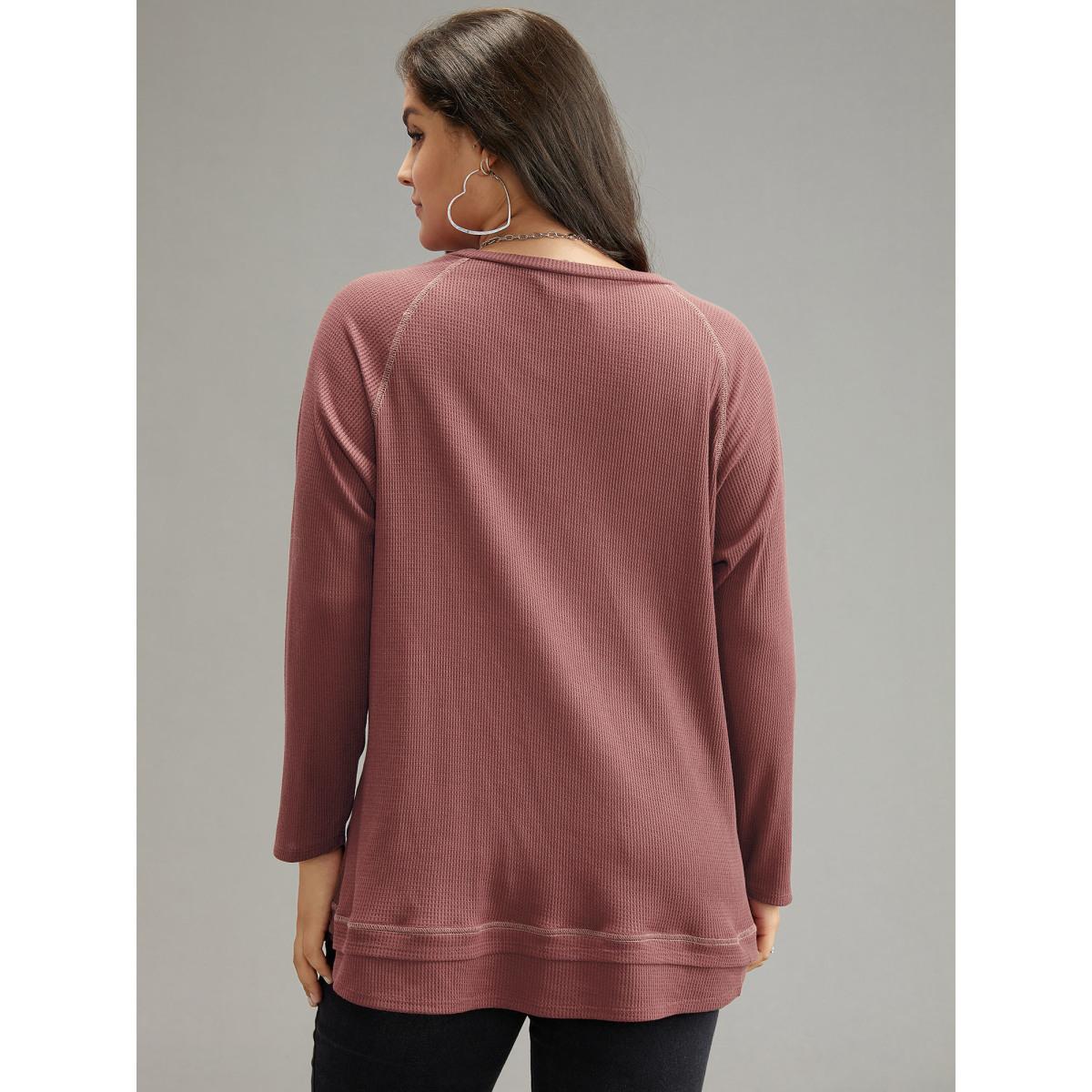 Plus Size Plain Textured Stitch Raglan Sleeve Sweatshirt Women DustyPink Casual Plain V-neck Everyday Sweatshirts BloomChic 14-16/1X Product Image