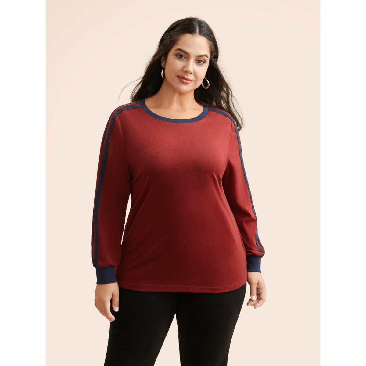 Plus Size Crew Neck Contrast Webbing T-shirt Scarlet Women Casual Contrast Round Neck Loose Everyday T-shirts BloomChic 14-16/1X Product Image