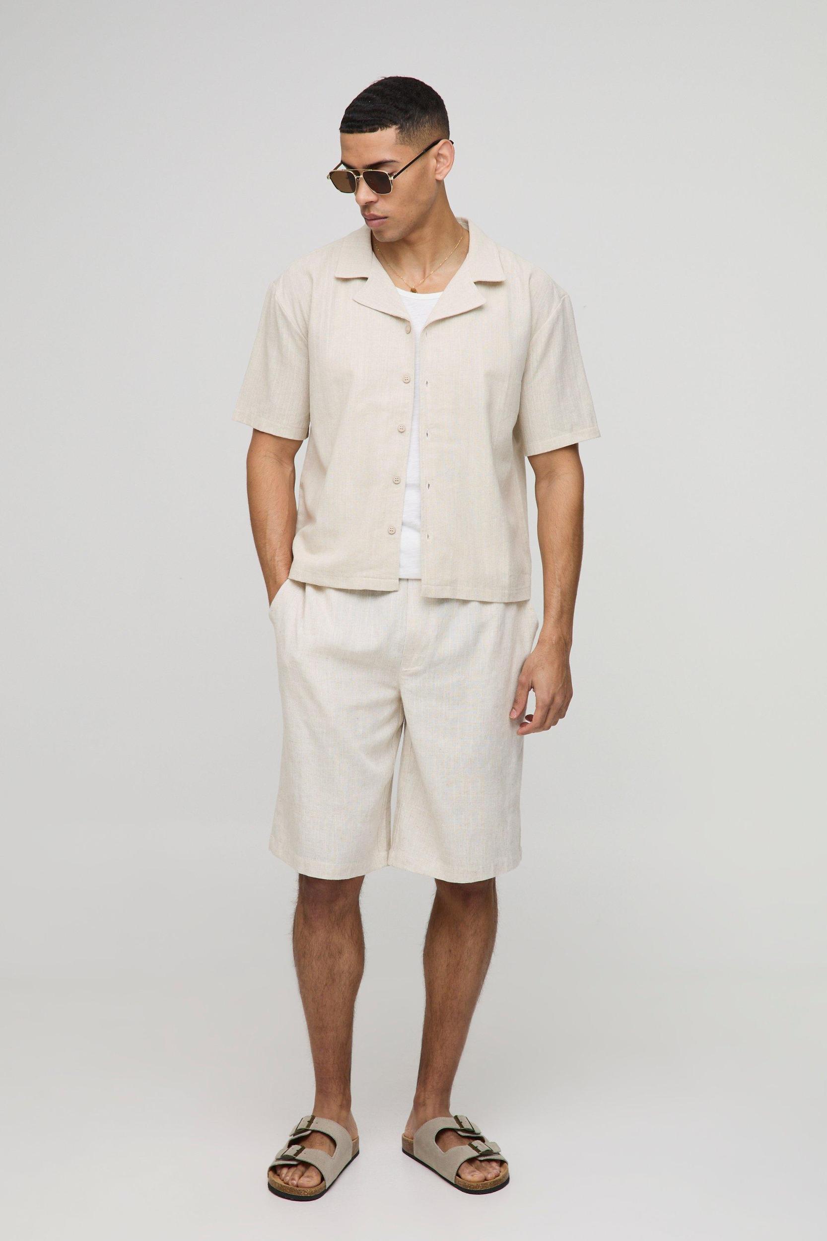Boxy Linen Blend Revere Short Sleeve Shirt | boohooMAN USA Product Image