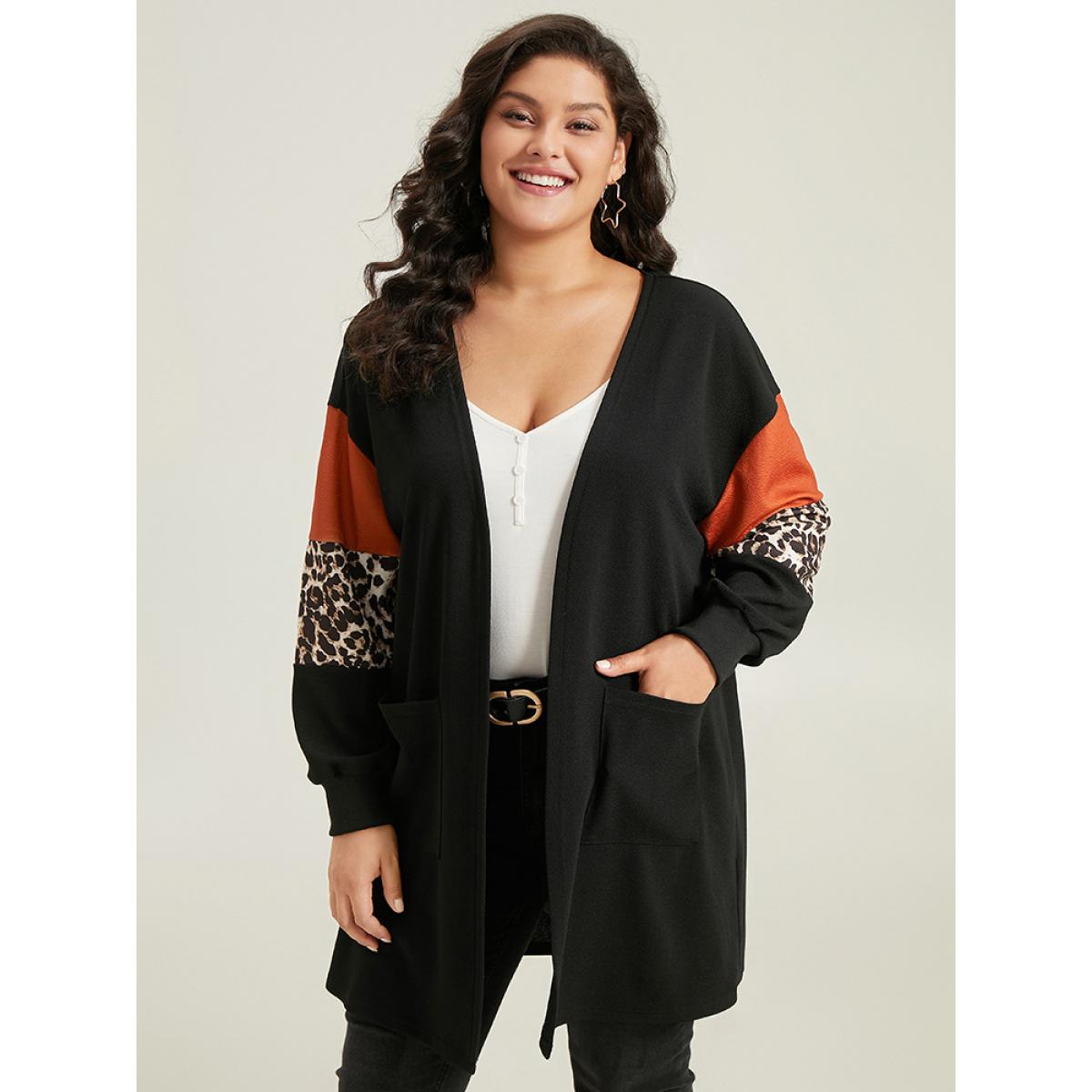 Plus Size Halloween Leopard Patchwork Rib Knit Patched Pocket Kimono Women Multicolor Casual Elastic cuffs Pocket Dailywear Kimonos BloomChic 26/4X Product Image