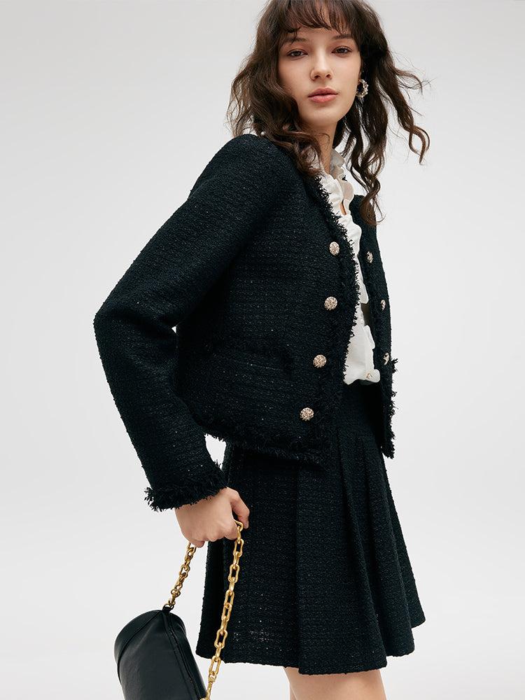 Tweed Fringe V-Neck Women Crop Jacket Product Image