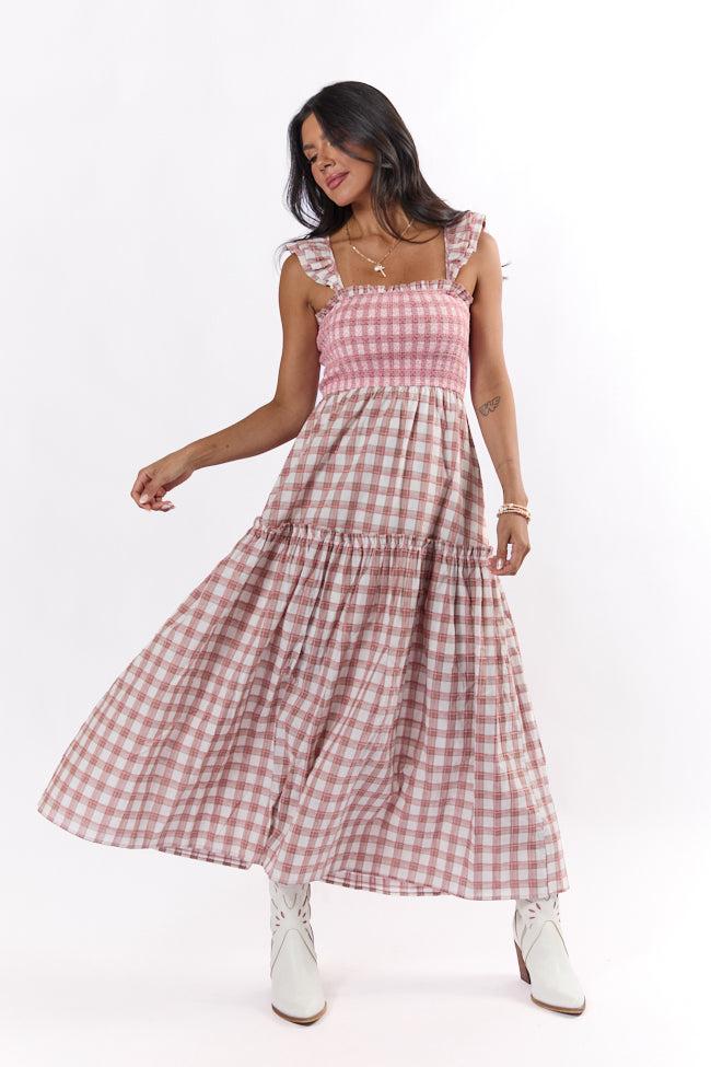 Checked Treasures Pink and Brown Plaid Tiered Midi Dress FINAL SALE Product Image