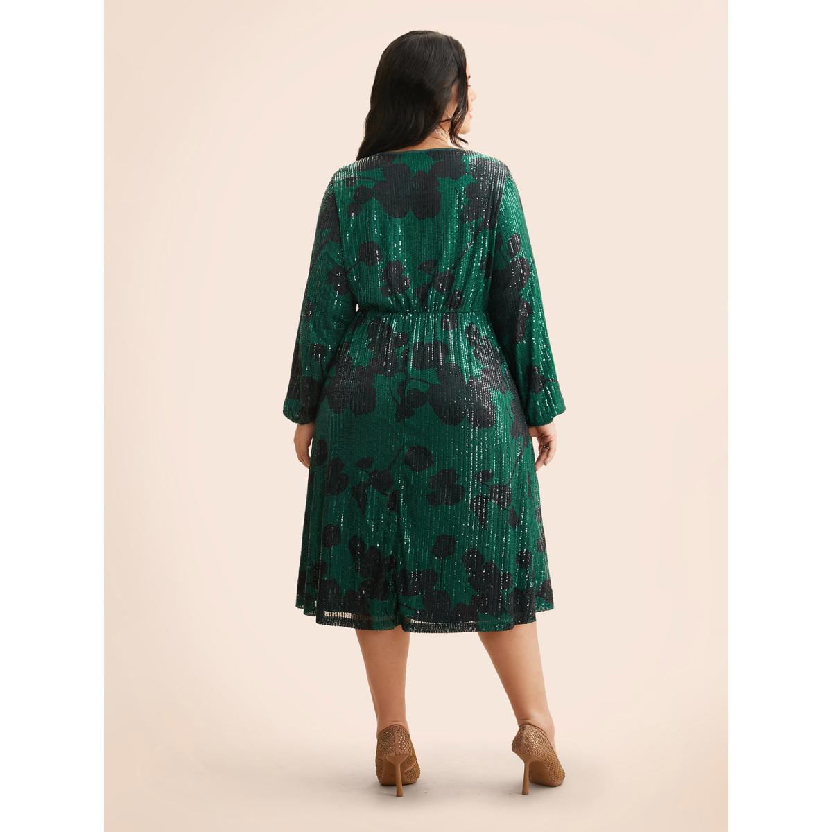 Plus Size Sequin Floral Lantern Sleeve Midi Dress Truegreen Women Cocktail Texture Party Curvy Bloomchic 26/4X Product Image