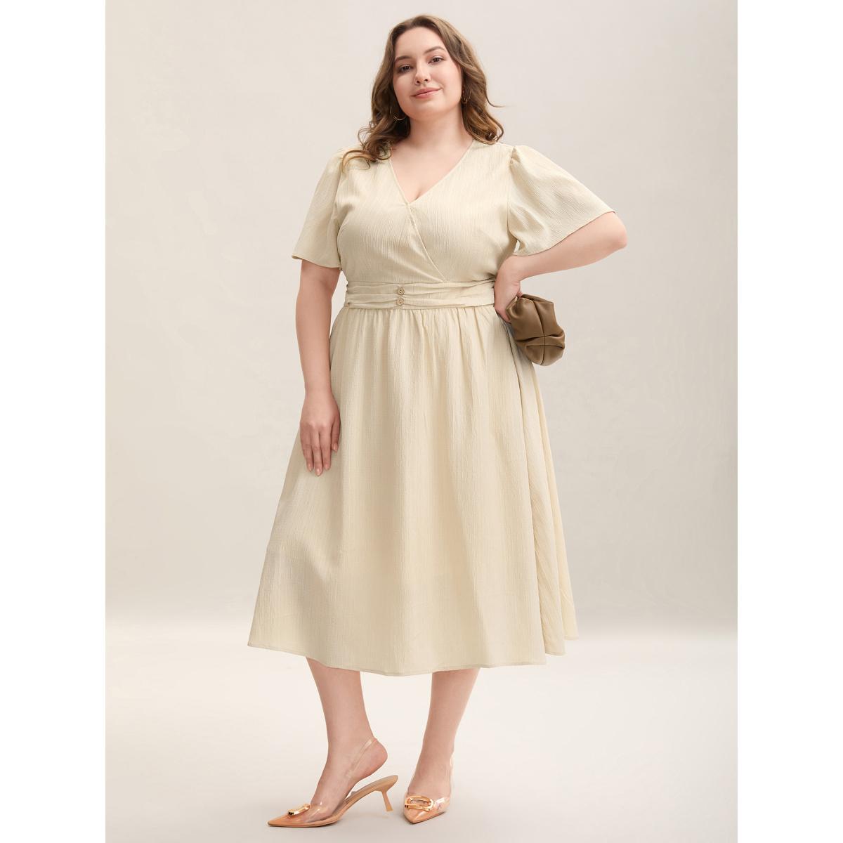 Plus Size Pleated Waist Textured Shirred Midi Dress Apricot Women At the Office Texture Overlap Collar Short sleeve Curvy BloomChic 22-24/3X Product Image