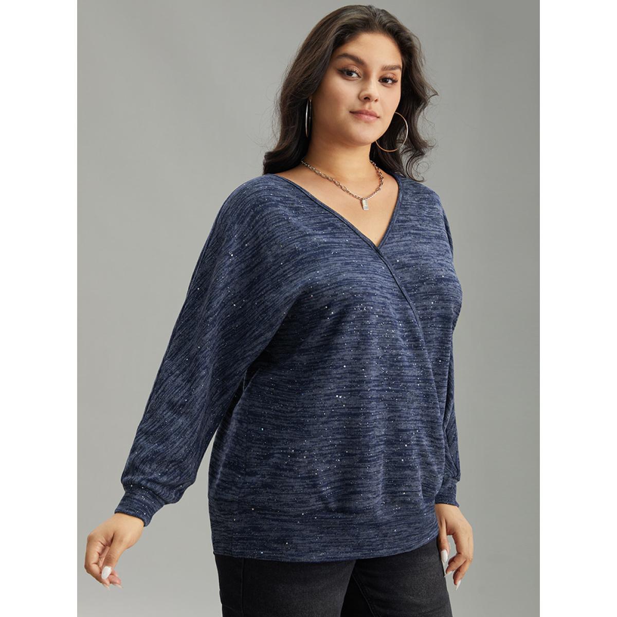 Plus Size Solid Heather V Neck Sequin T-shirt Blue Women Casual Texture Plain V-neck Everyday T-shirts BloomChic 10/M Product Image