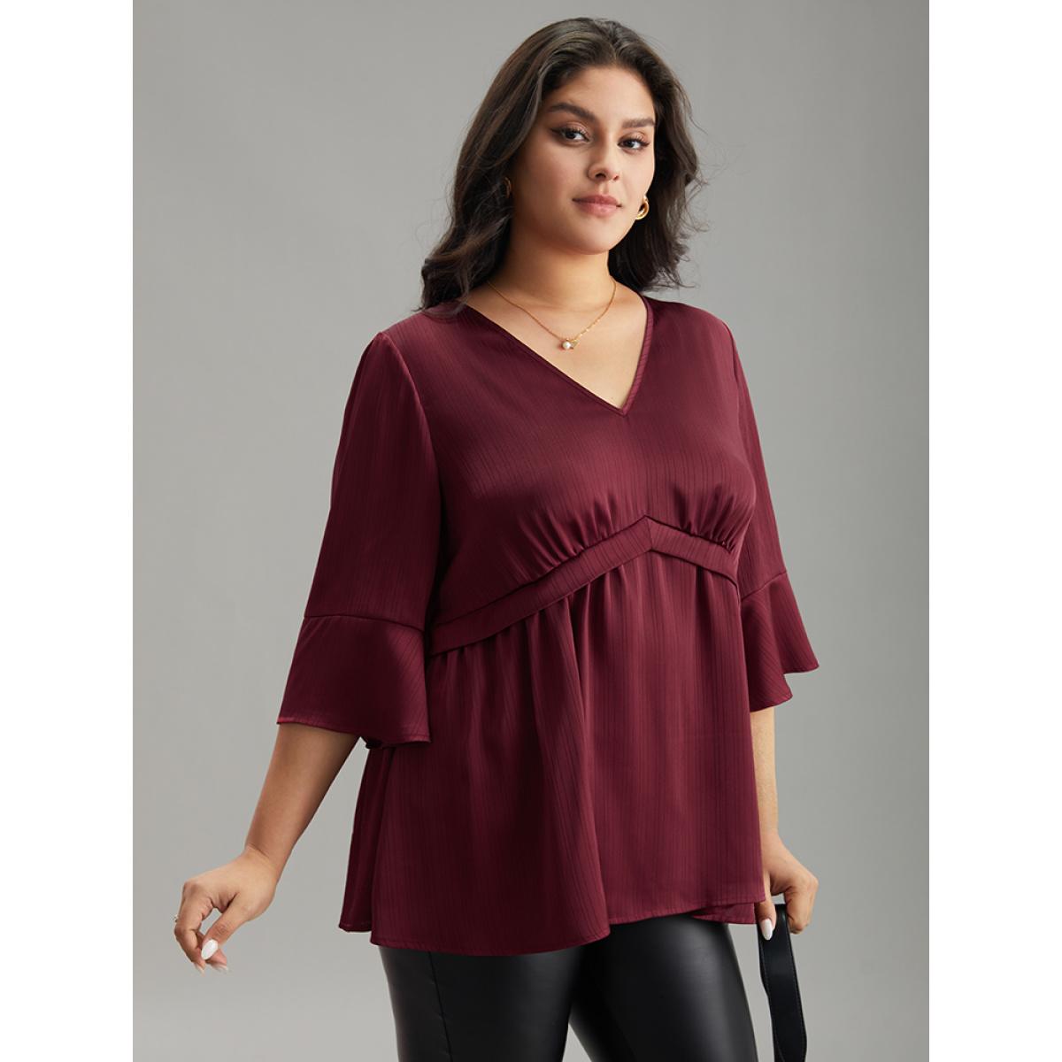 Plus Size Scarlet Anti-Wrinkle V Neck Gathered Ruffle Sleeve Blouse Women Office Elbow-length sleeve V-neck Office Blouses BloomChic 18-20/2X Product Image