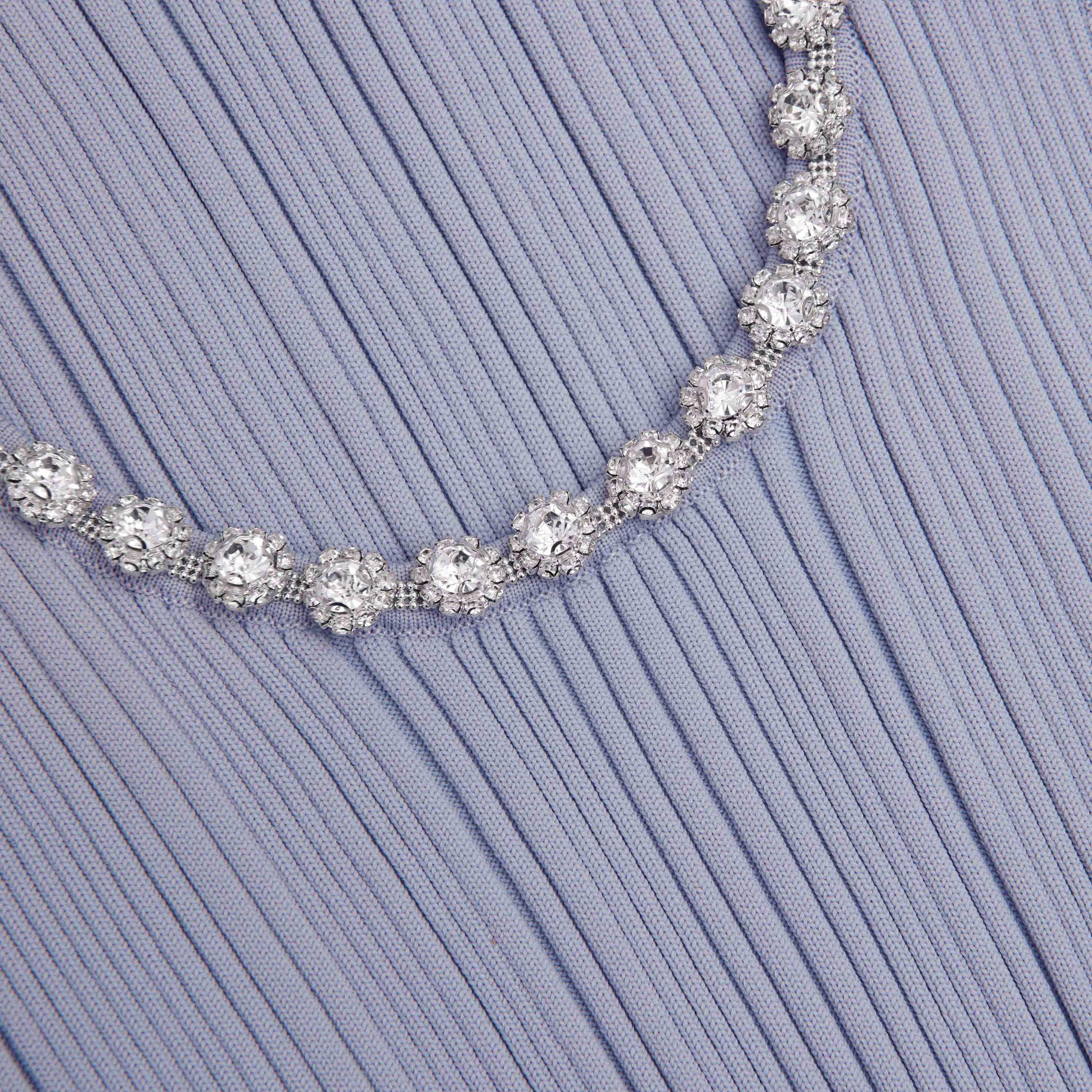 Blue Ribbed Knit Diamante Midi Dress Product Image