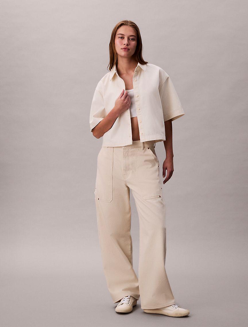 Denim Cropped Relaxed Button-Down Shirt  Product Image