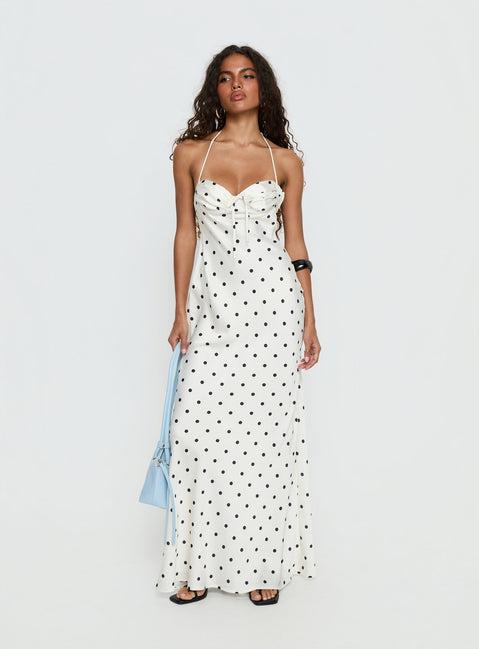 Costella Halter Satin Maxi Dress Cream Polka Dot Product Image