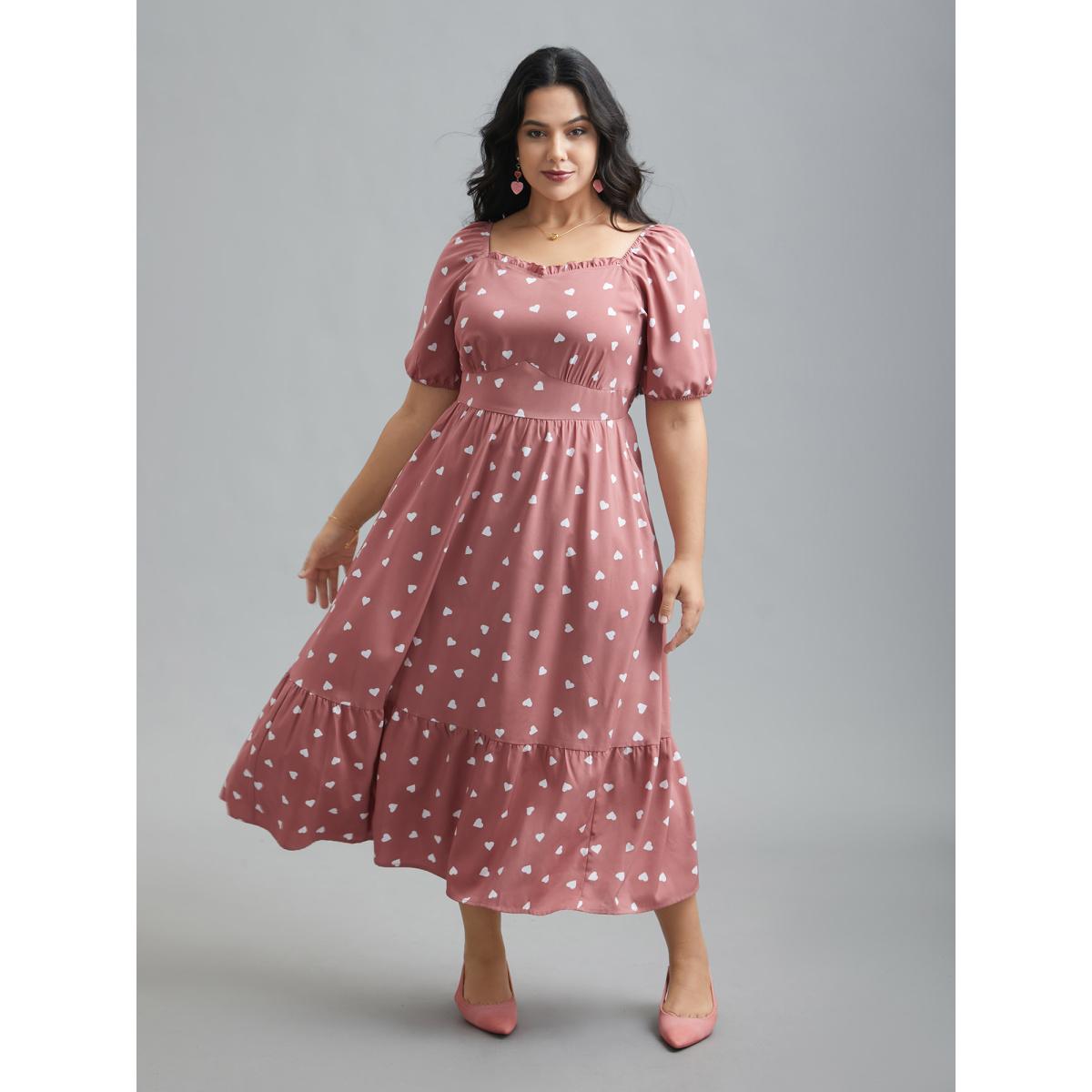 Plus Size Ruffled Stretchy Waist Puff Sleeve Dress DustyPink Women Elegant Gathered Heart neckline Half Sleeve Curvy BloomChic 30/6X Product Image