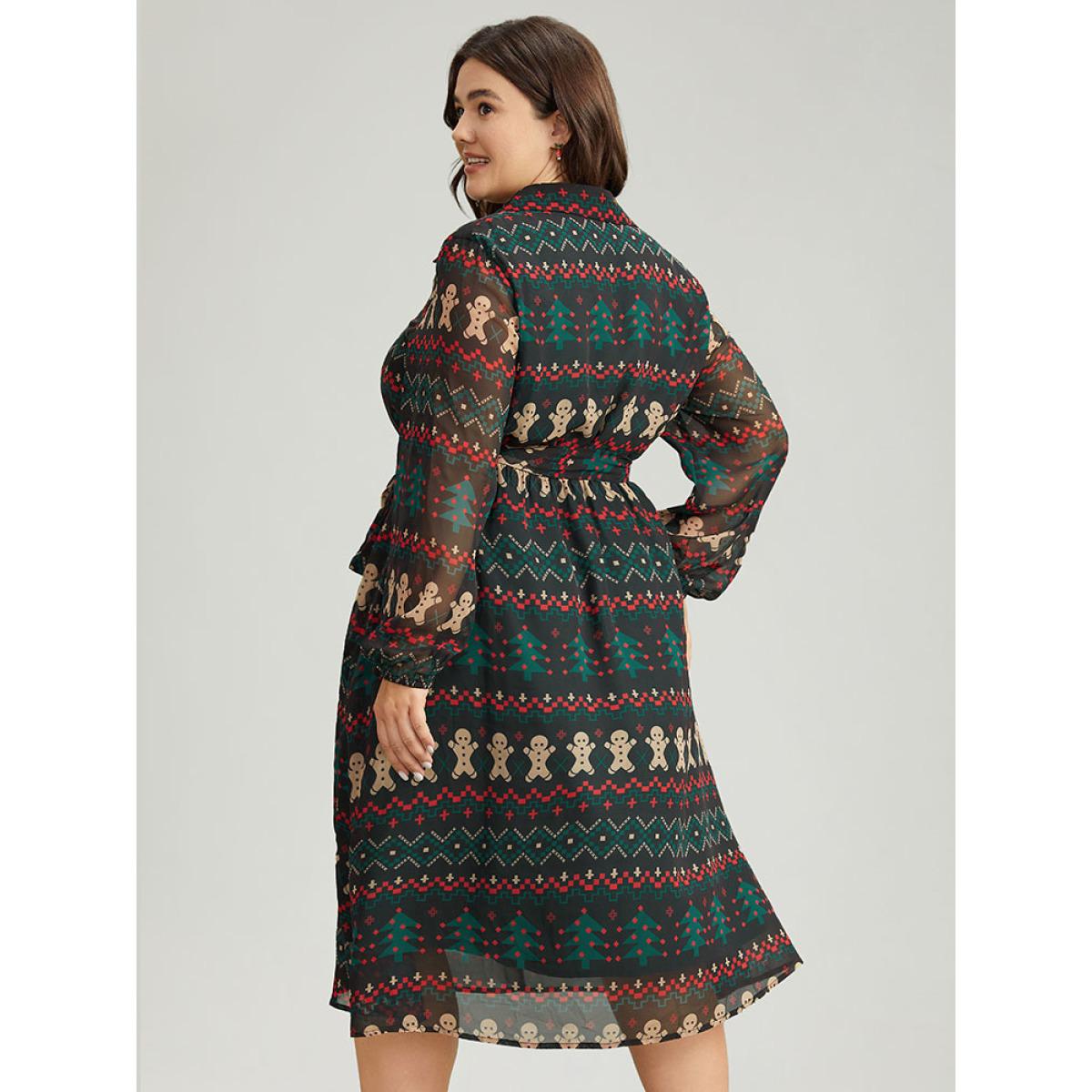Plus Size Christmas Button Through Belted Mesh Patchwork Dress Cyan Women Office Elastic cuffs Shirt collar Long Sleeve Curvy Midi Dress BloomChic 18-20/2X Product Image