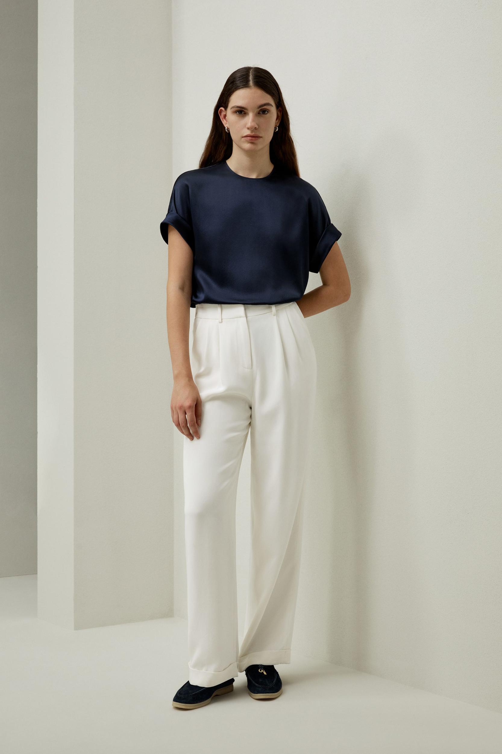 LILYSILK T Shirt Silk - Womens - Navy Blue 100 Silk - Organic Oversized Tops XS Product Image