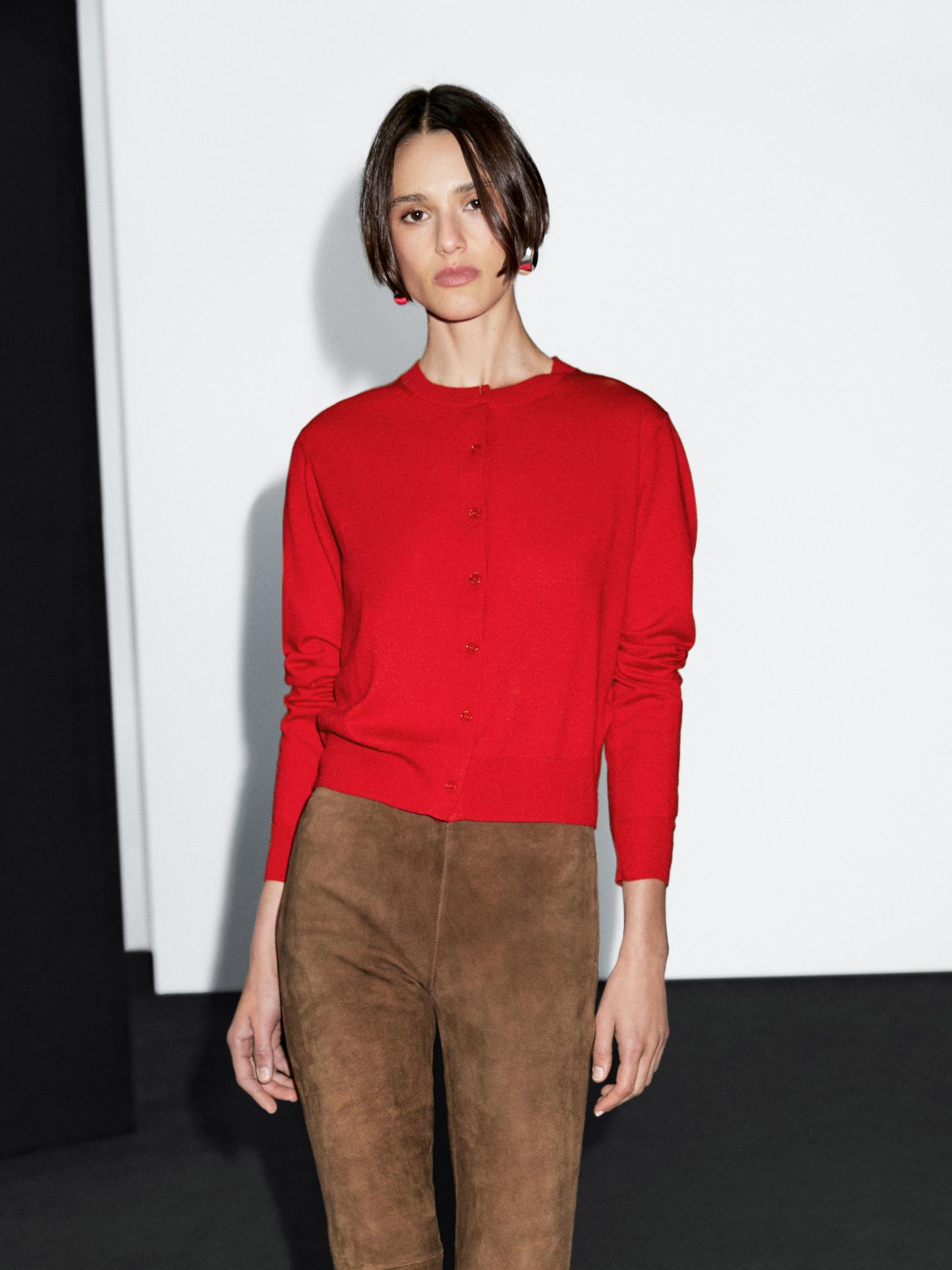 Wool blend knit cardigan with crew neck Product Image