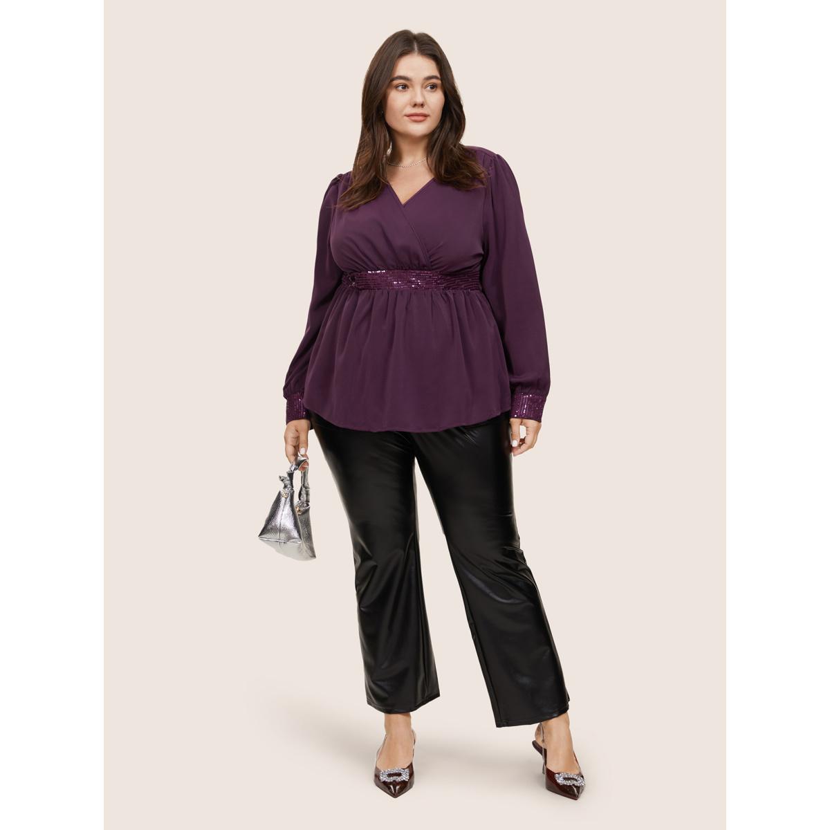 Plus Size Purple Plain Sequin Patchwork Overlap Collar Gathered Blouse Women Glamour Long Sleeve Overlap Collar Party Blouses BloomChic 26/4X Product Image