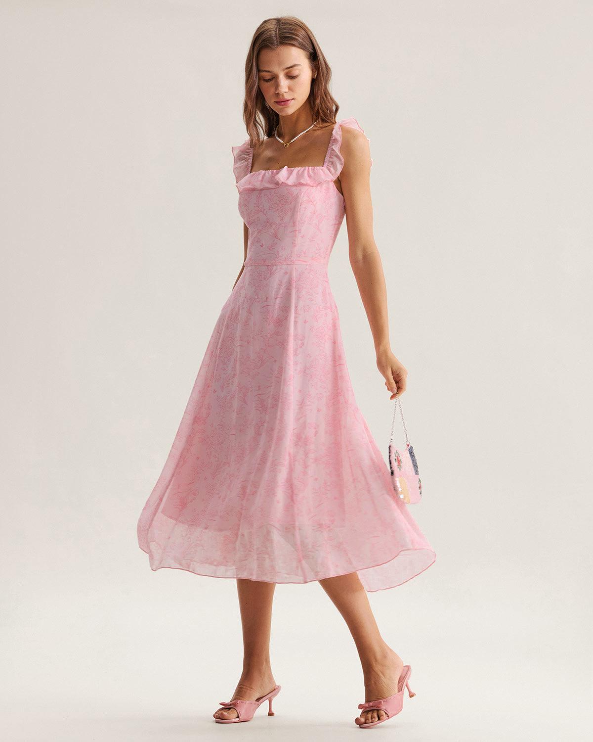 Pink Square Neck Ruffle Midi Dress Product Image