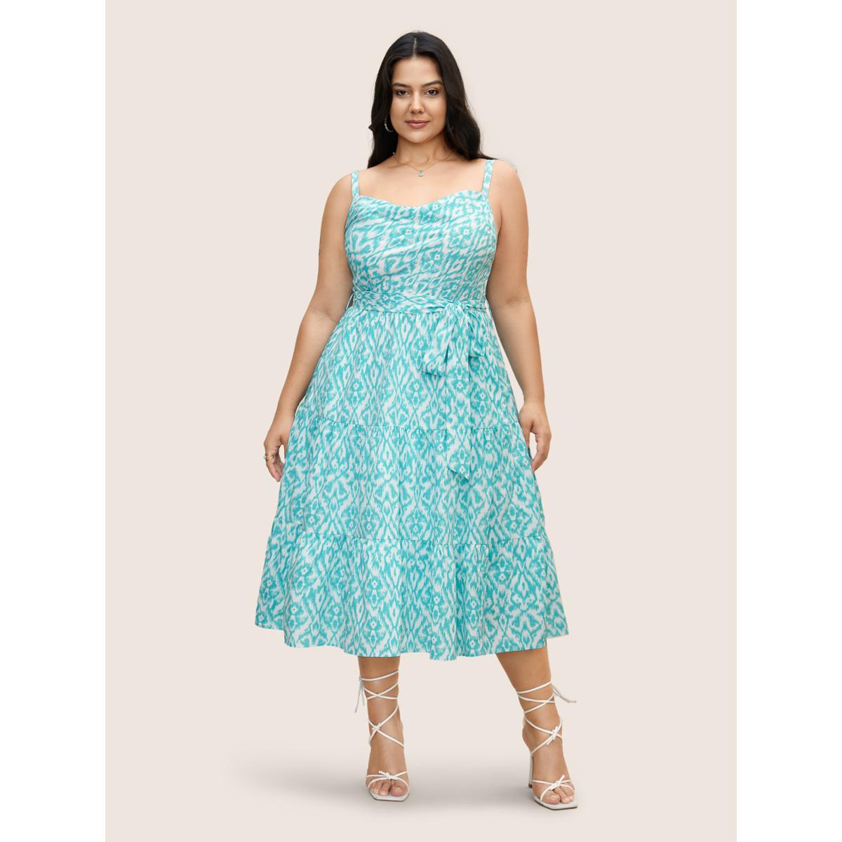 Plus Size Cowl Neck Bandana Print Midi Dress Turquoise Women Resort Cowl Neck Sleeveless Curvy BloomChic 28/5X Product Image