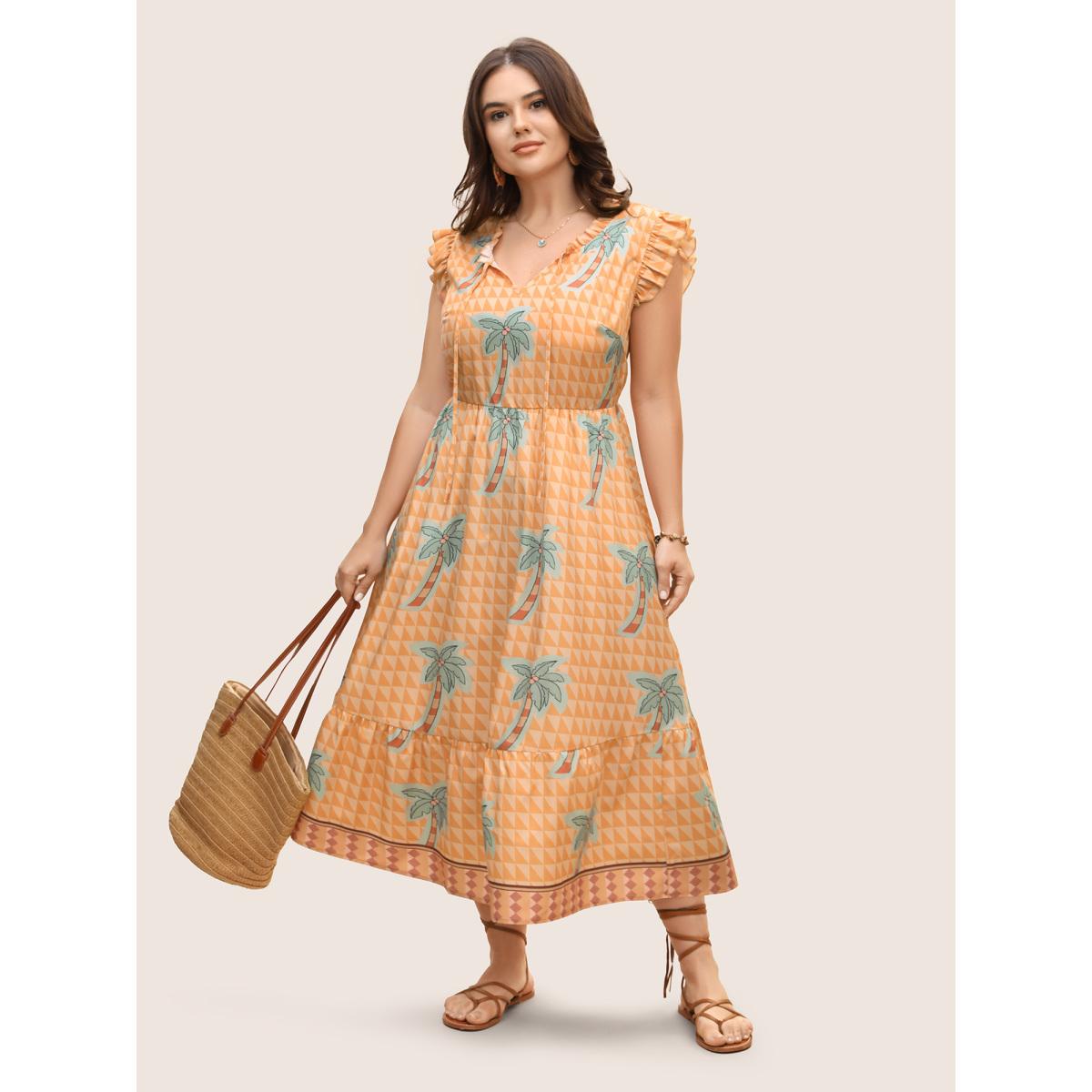 Plus Size Tropical Print Tie Knot Ruffle Cap Sleeve Dress Lightorange Women Resort Tie knot Round Neck Cap Sleeve Curvy BloomChic 30/6X Product Image