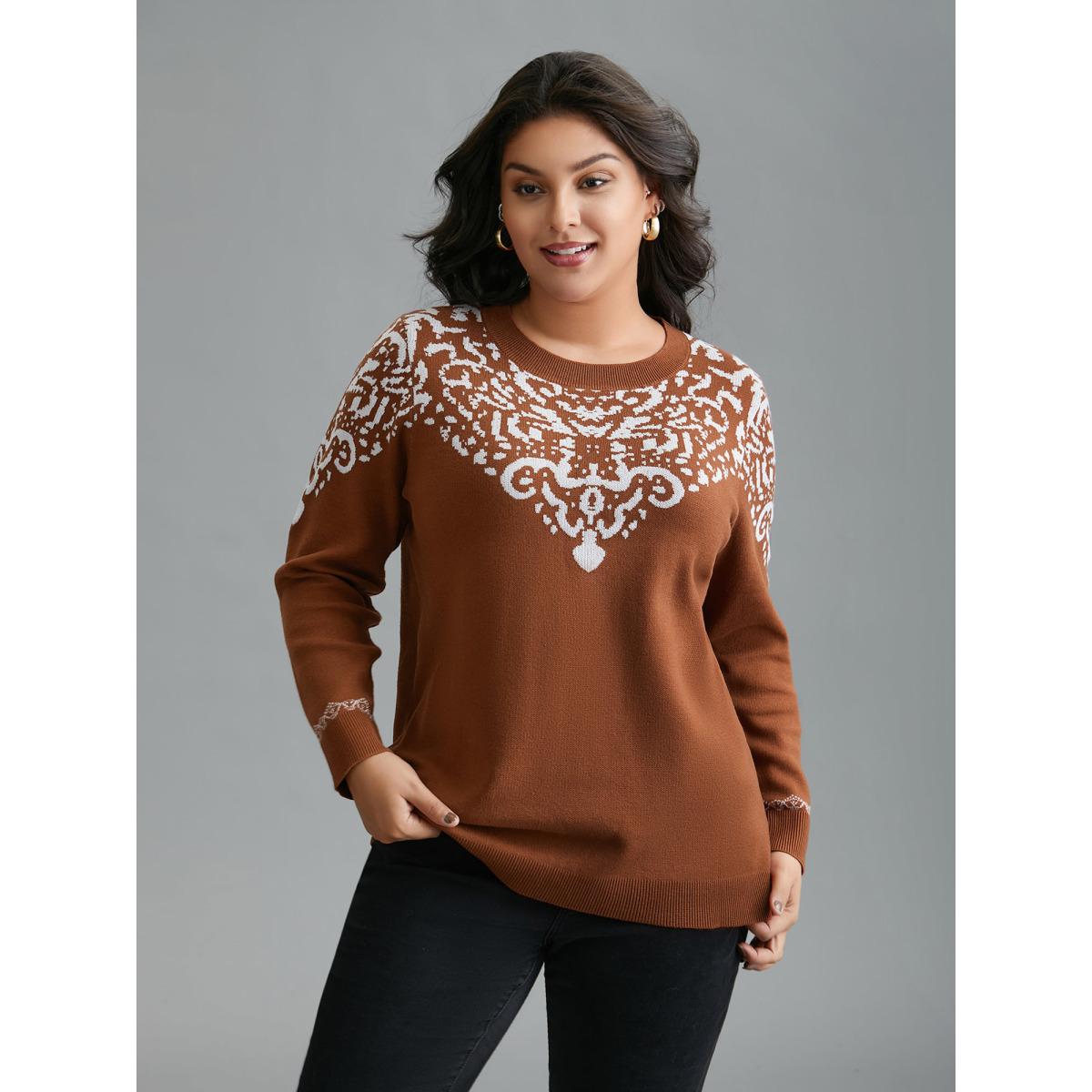 Plus Size Bandana Jacquard Pattern Round Neck Pullover Browncoffeecolor Women Casual Loose Long Sleeve Round Neck Everyday Pullovers BloomChic 28/5X Product Image