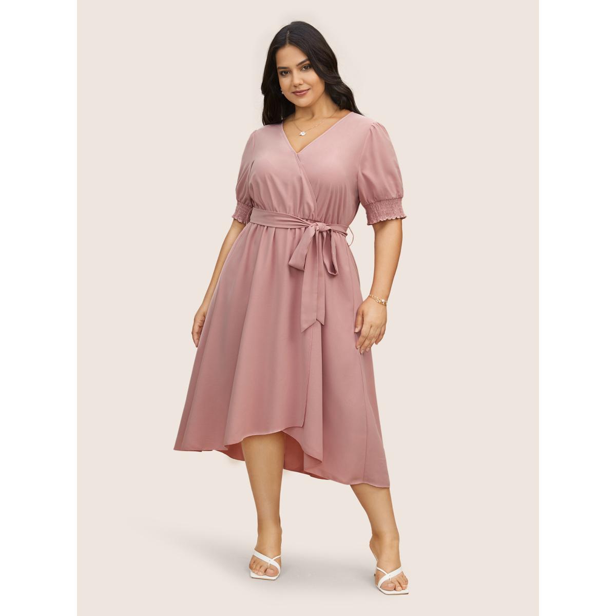 Plus Size Solid Overlap Collar Puff Sleeve Belted Dress Pink Women Elegant Shirred Overlap Collar Short sleeve Curvy BloomChic 18-20/2X Product Image