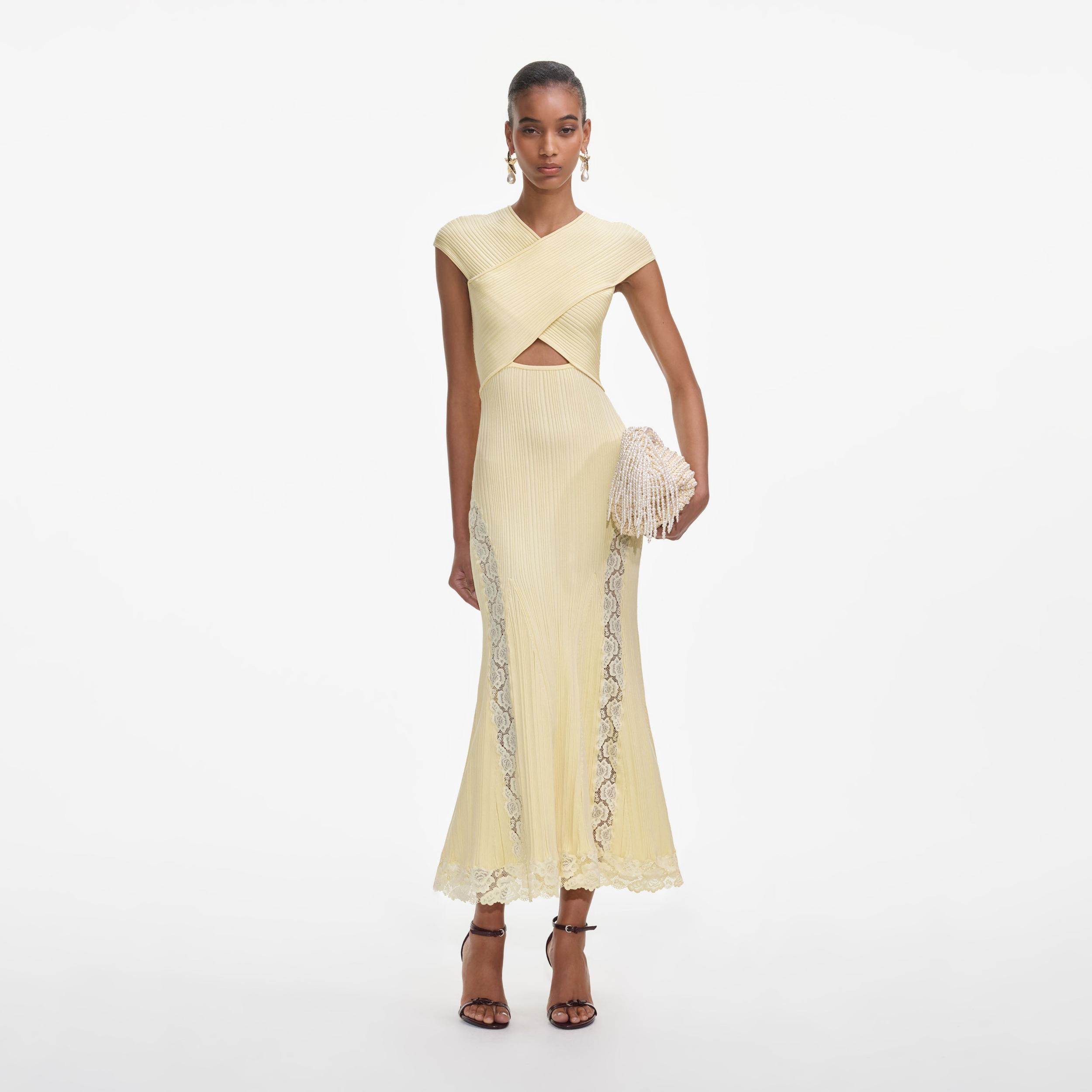 Yellow Knit Lace Insert Midi Dress Product Image