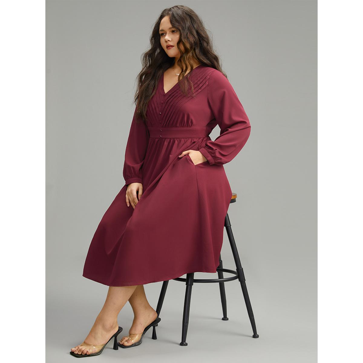 Plus Size Twill Pleated Beaded Long Sleeve Dress DarkBlue Women Elegant Plain V-neck Long Sleeve Curvy Midi Dress BloomChic 22-24/3X Product Image