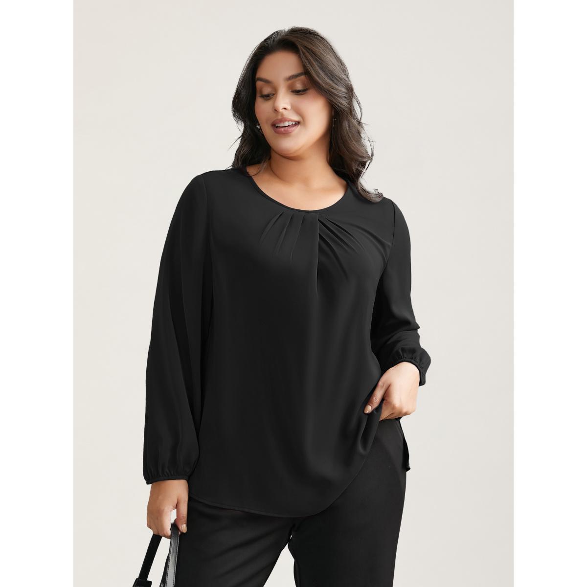 Plus Size Black Solid Crew Neck Lantern Sleeve Blouse Women At the Office Long Sleeve Round Neck Work Blouses BloomChic 28/5X Product Image