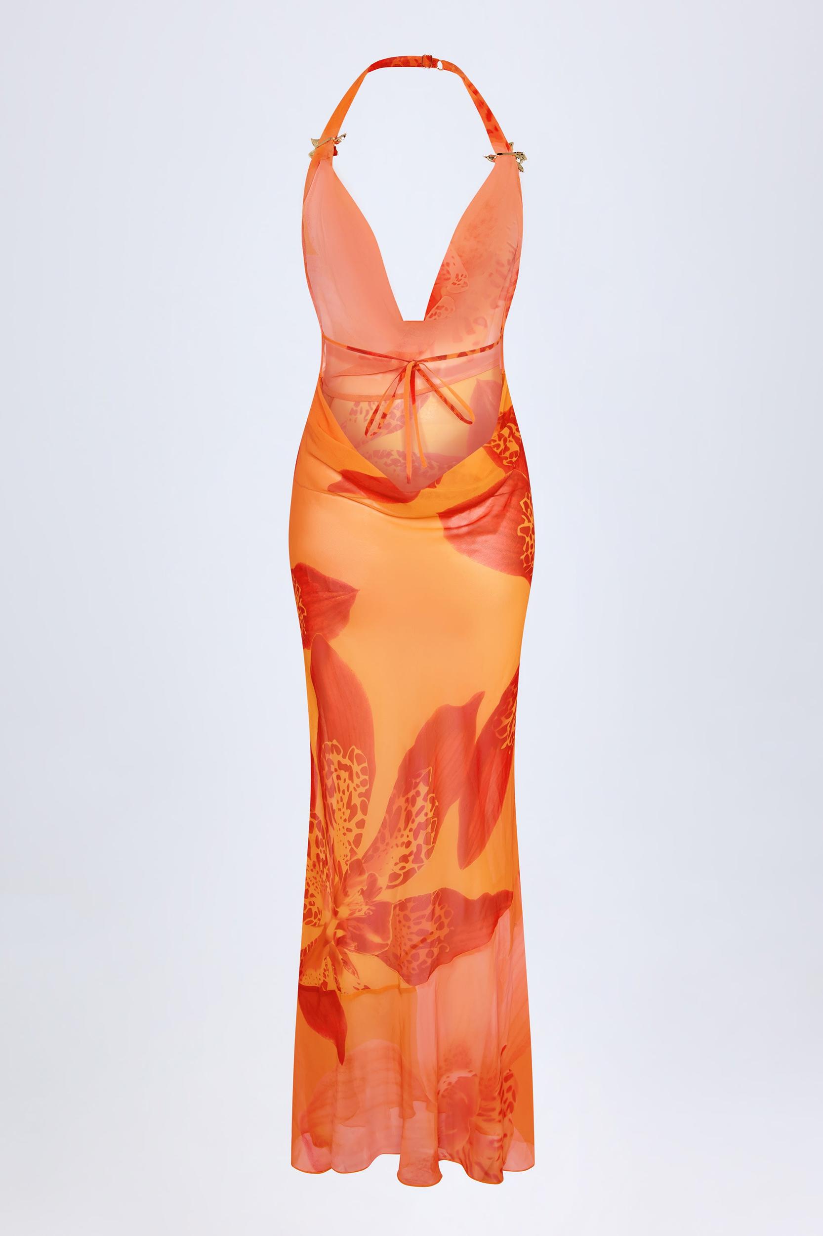 Cowl-Neck Hardware-Detail Maxi Dress in Orange Orchid Print Product Image