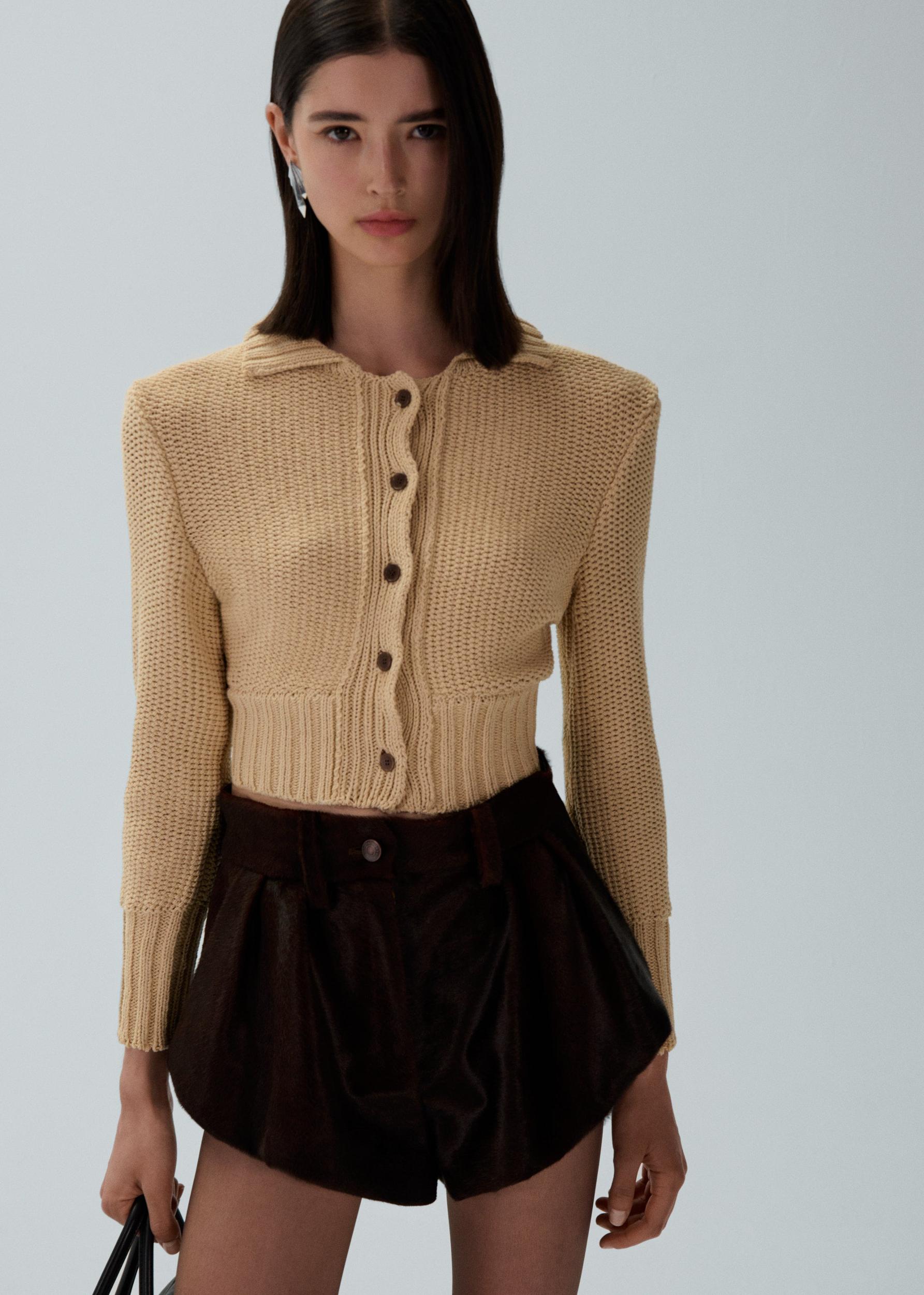 Collared cotton cardigan in beige Product Image