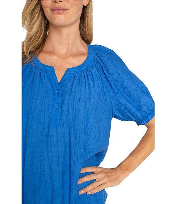 Liverpool Los Angeles Crinkle Woven Split V-Neck Short Sleeve Blouse Product Image