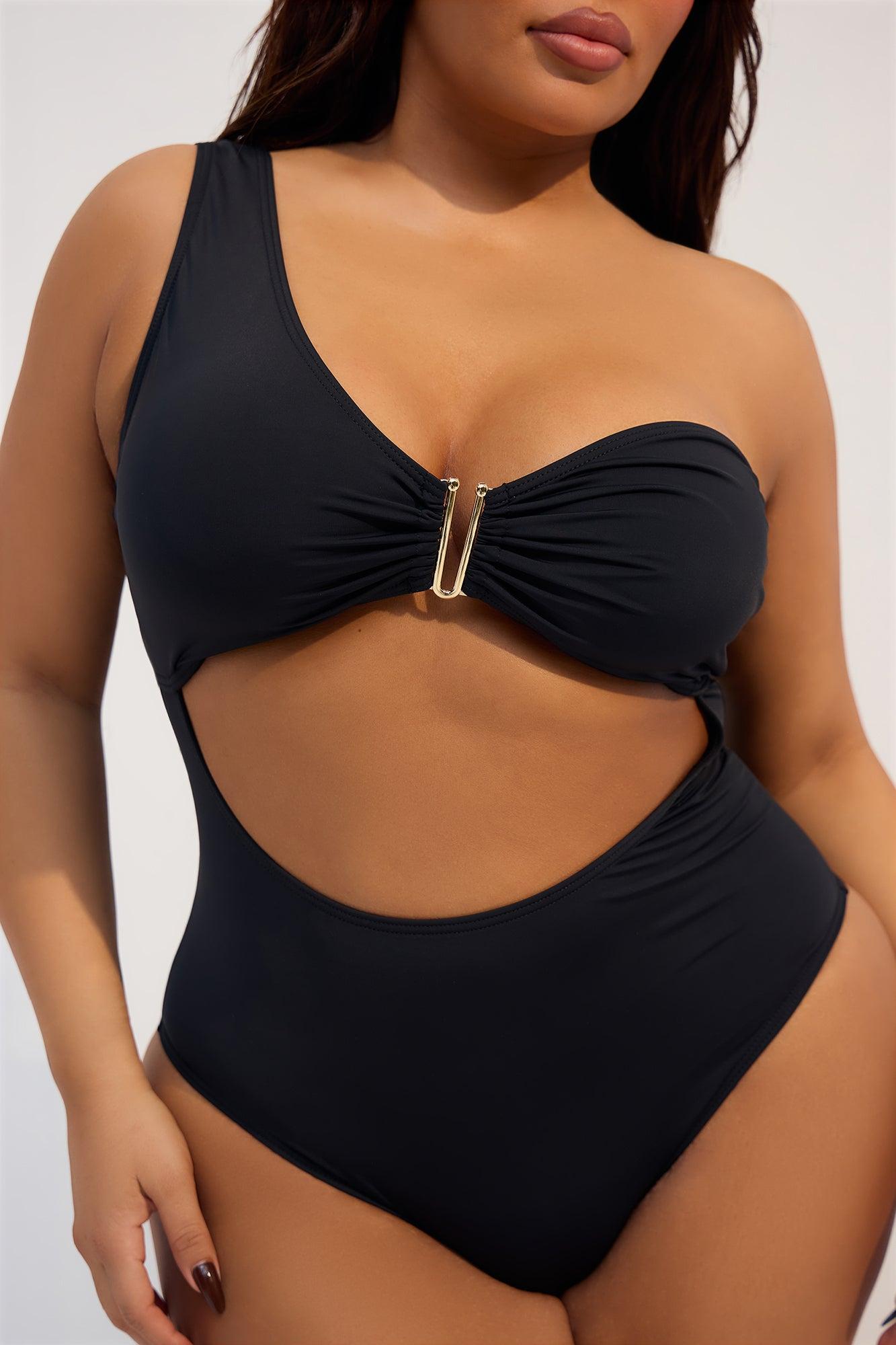 Miami Mami One Shoulder V Hardware Cutout 1 Piece Swimsuit - Black Product Image