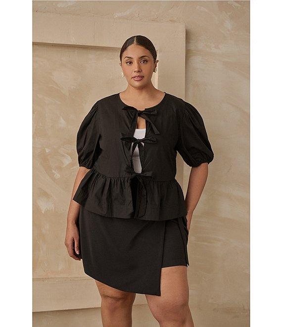 Sugarlips Plus Tie-Front Puffed Sleeve Woven Top Product Image