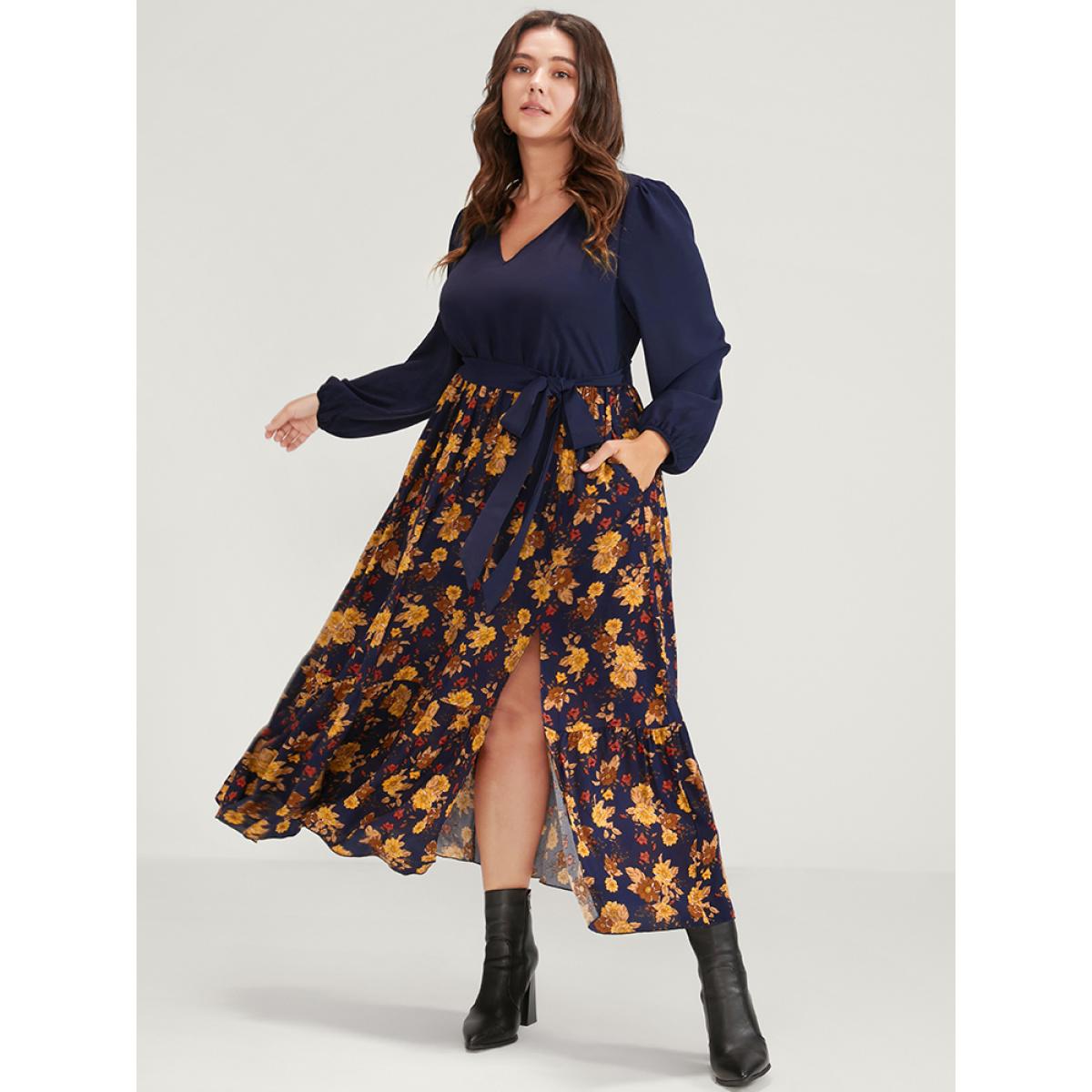 Plus Size Floral Split Lantern Sleeve Pocket Flutter Belted Dress Navy Women Elegant Printed V-neck Long Sleeve Curvy Midi Dress BloomChic 12/L Product Image