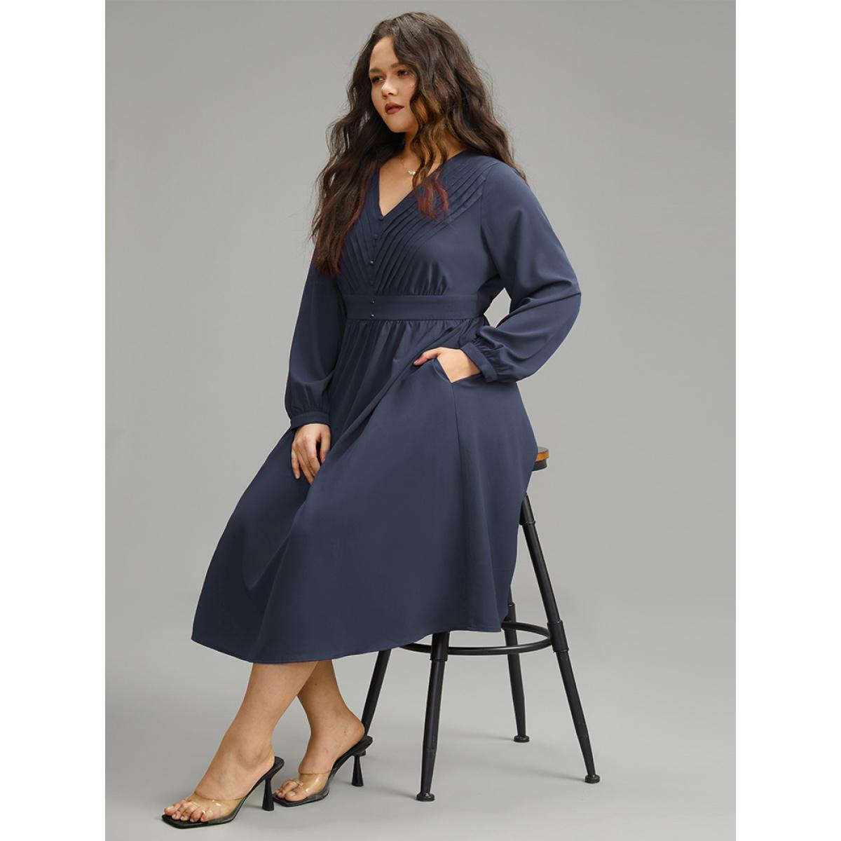 Plus Size Twill Pleated Beaded Long Sleeve Dress DarkBlue Women Elegant Plain V-neck Long Sleeve Curvy Midi Dress BloomChic 22-24/3X Product Image