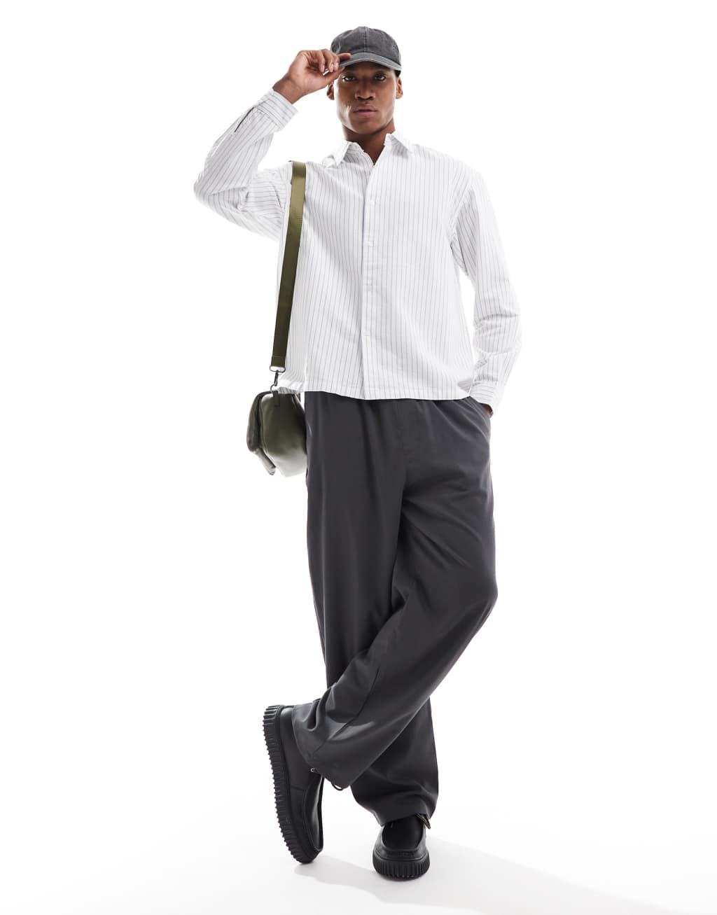 Pull&Bear long sleeve striped shirt in white  Product Image