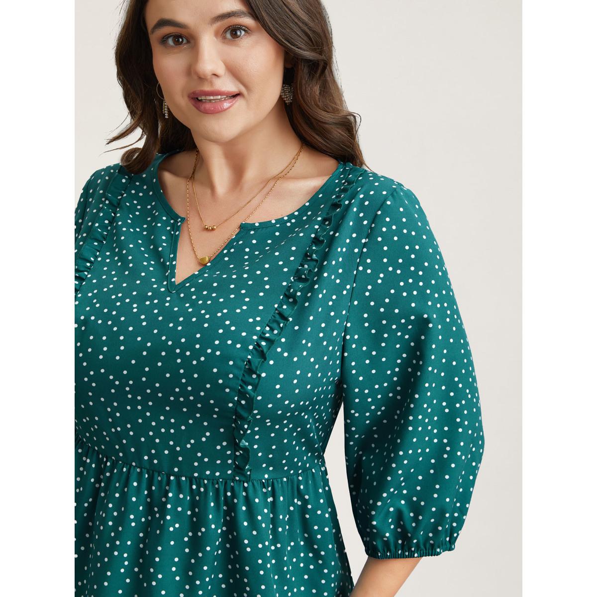 Plus Size Teal Polka Dots Ruffled Edged Stretchy-Waist Shirt Women Elegant Elbow-length sleeve Notched collar Everyday Blouses BloomChic 12/L Product Image