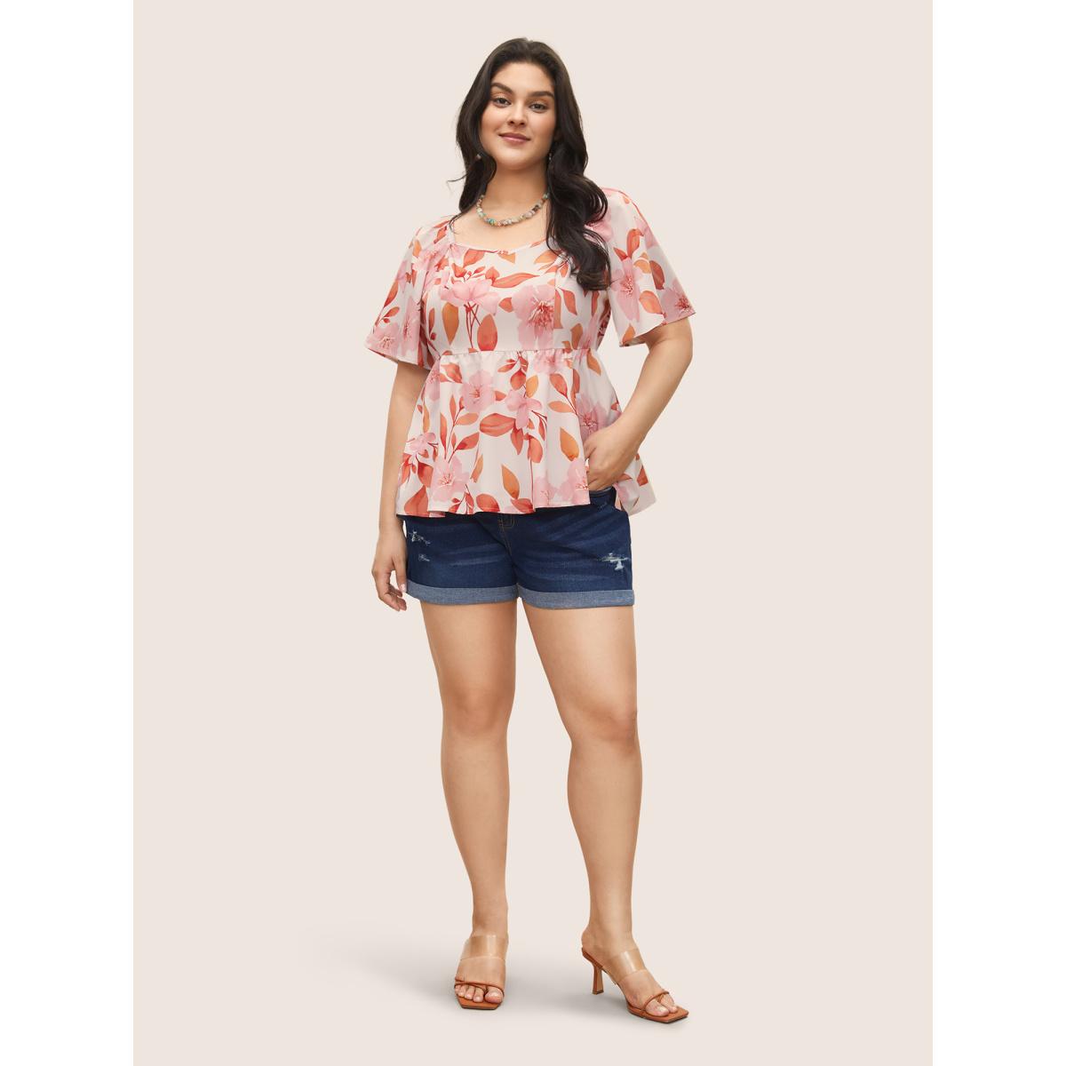 Plus Size Apricot Floral Ruffle Sleeve Elastic Waist Blouse Women Resort Short sleeve Square Neck Vacation Blouses BloomChic 18-20/2X Product Image