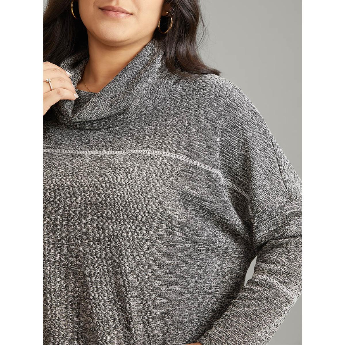 Plus Size Heather Patchwork Striped Funnel Neck Sweatshirt Women Black Casual Texture Turtleneck Dailywear Sweatshirts BloomChic 14-16/1X Product Image