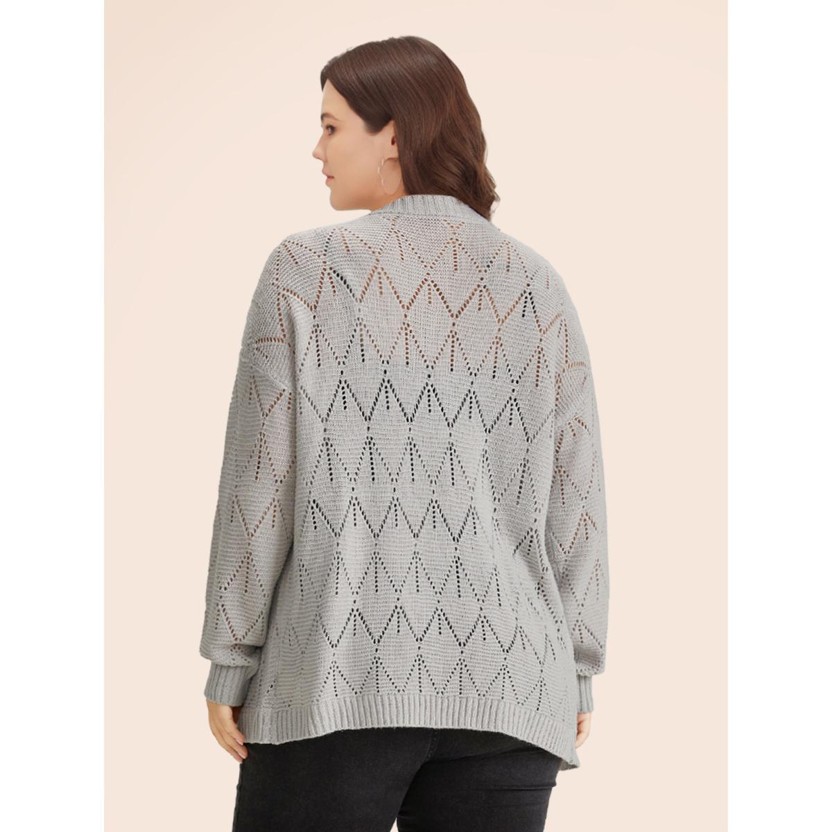 Plus Size Geometric Hollow Out Open Front Cardigan LightGray Women Leisure Loose Long Sleeve Casual Cardigans BloomChic 28/5X Product Image