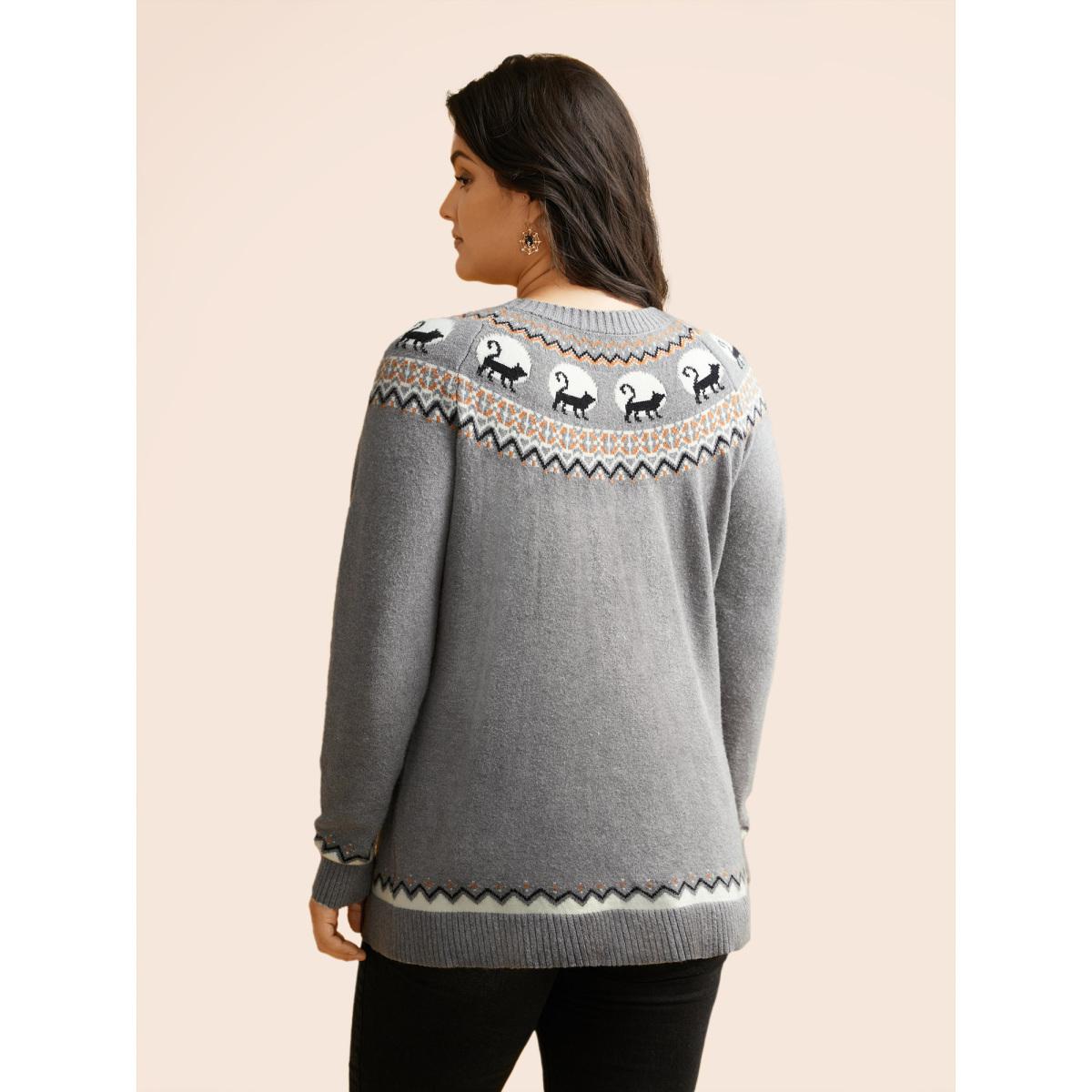 Plus Size Supersoft Essentials Wicked Cat Fair Isle Yoke Printed Pullover DarkGray Women Leisure Long Sleeve Round Neck Casual Pullovers BloomChic 26/4X Product Image