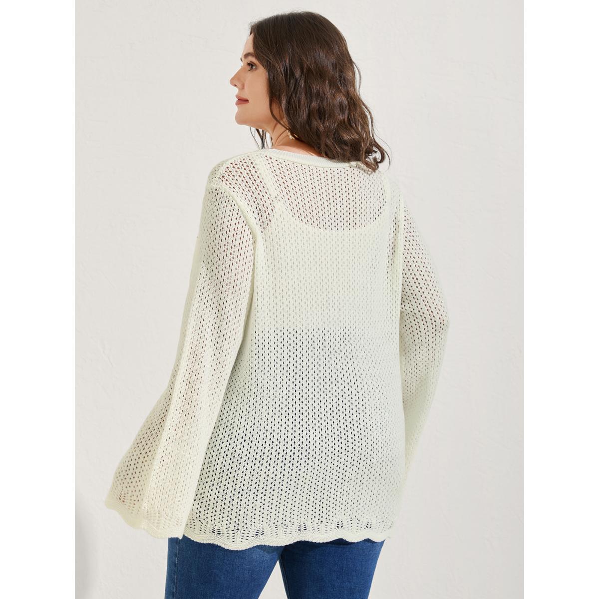 Plus Size Floral Embroidery Flared Sleeve Knit Cardigan Ivory Women Resort Loose Long Sleeve Vacation Cardigans BloomChic 22-24/3X Product Image