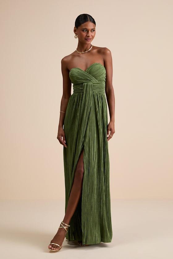 Oswin Olive Green Satin Plisse Strapless Maxi Dress Product Image