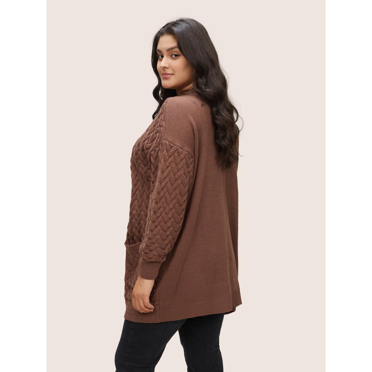 Plus Size Solid Open Front Pocket Crochet Cardigan Burgundy Women Casual Loose Long Sleeve Dailywear Cardigans BloomChic 26/4X Product Image