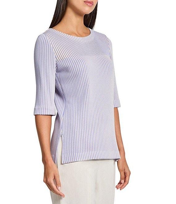MISOOK Stripe Knit Round Neck Elbow Sleeve Tunic Product Image